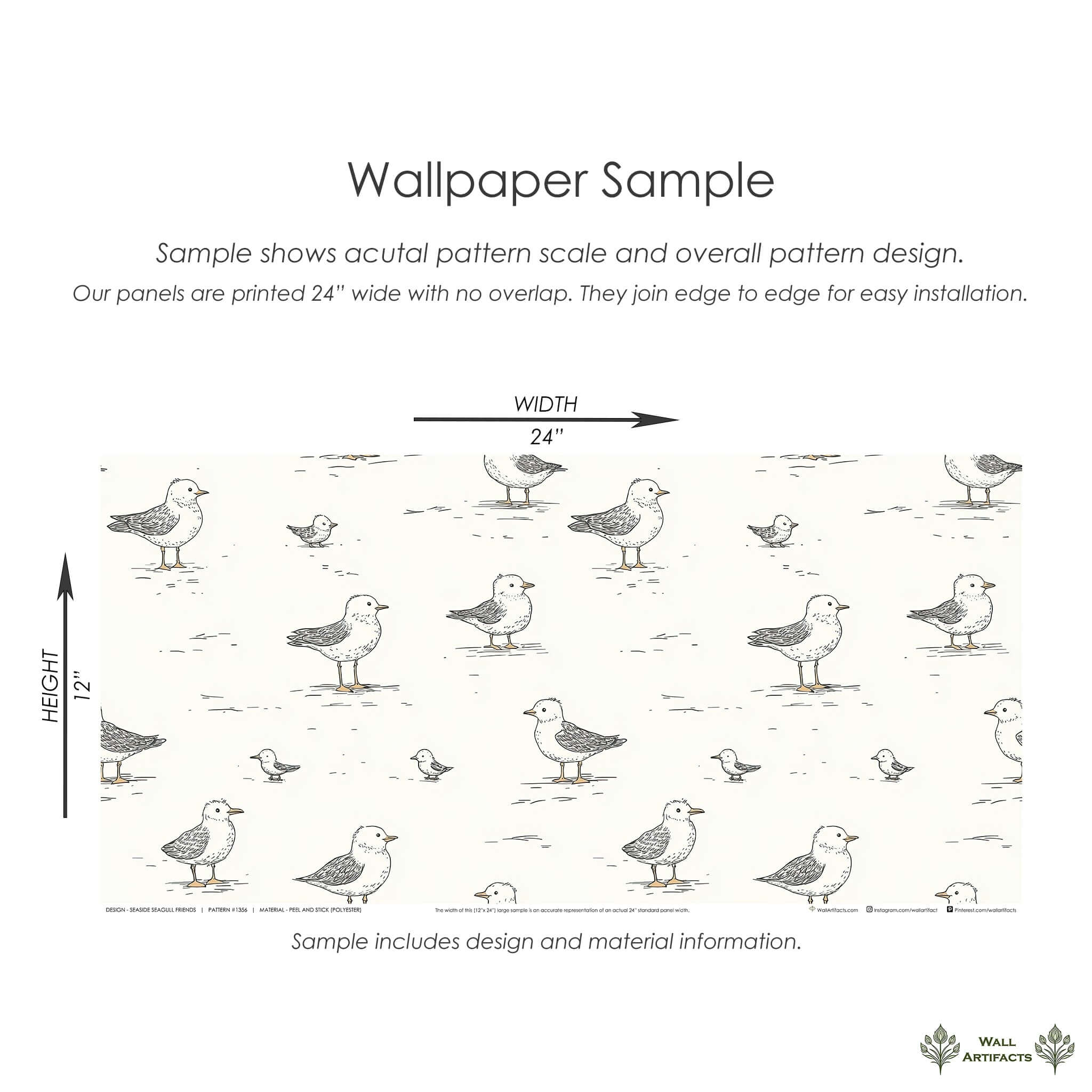 Sample view of Seaside Seagull Friends wallpaper with hand-drawn birds on cream background, ideal for nurseries and playrooms.