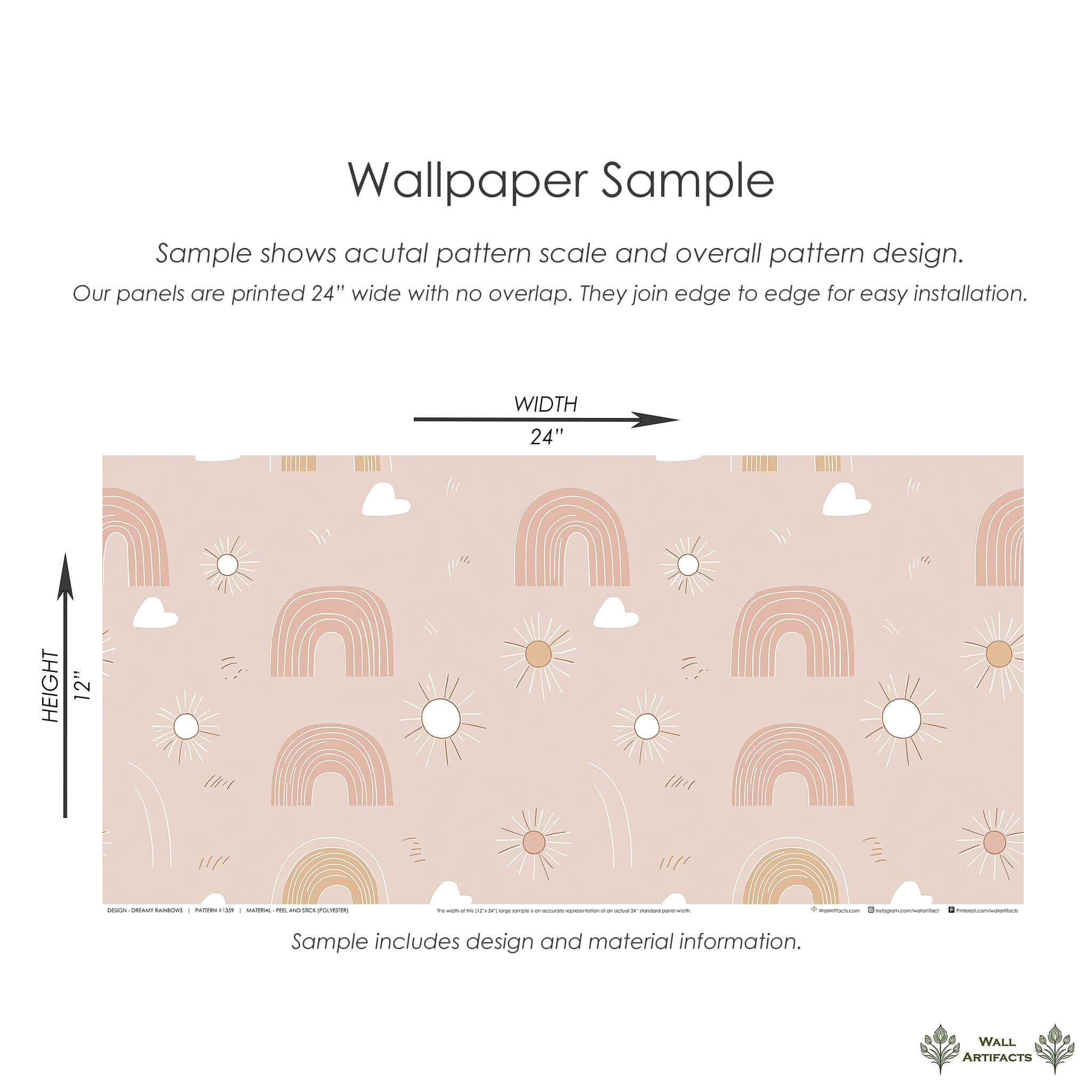 Pink rainbows wallpaper sample with suns and clouds, ideal for nurseries and playrooms. Modern design for baby and children’s decor.