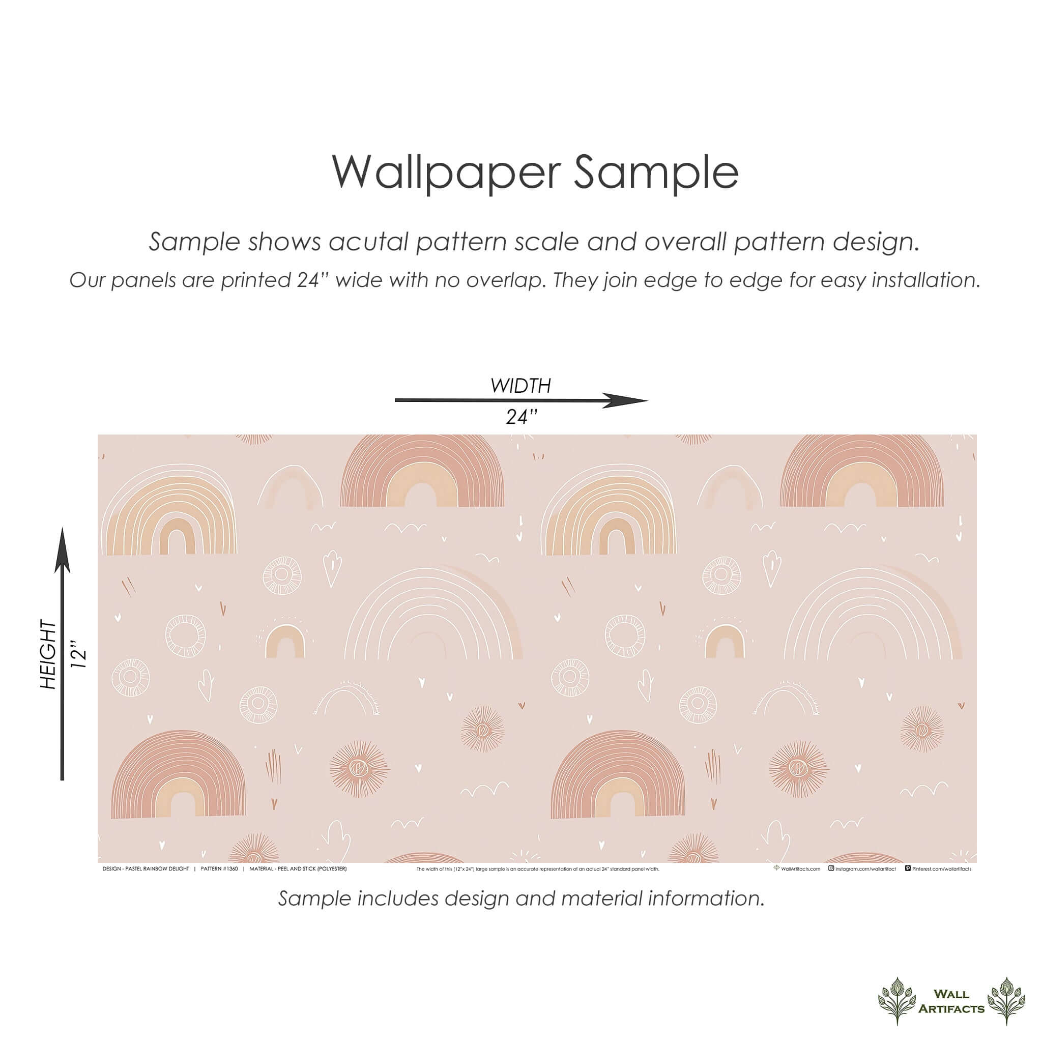 Pastel Rainbow Delight Wallpaper sample with pink rainbows; perfect for modern baby nursery, children's playroom, and warm decor.