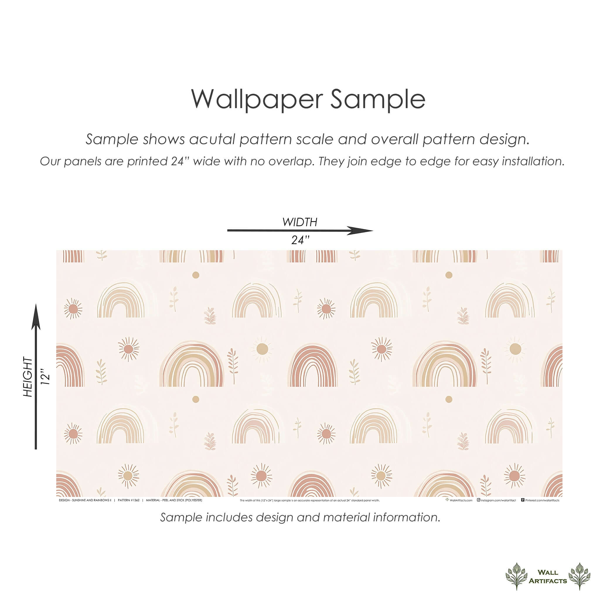 Sunshine and Rainbows II Wallpaper Sample: Pastel rainbows, suns, and foliage on a creamy background for nurseries and modern playrooms.