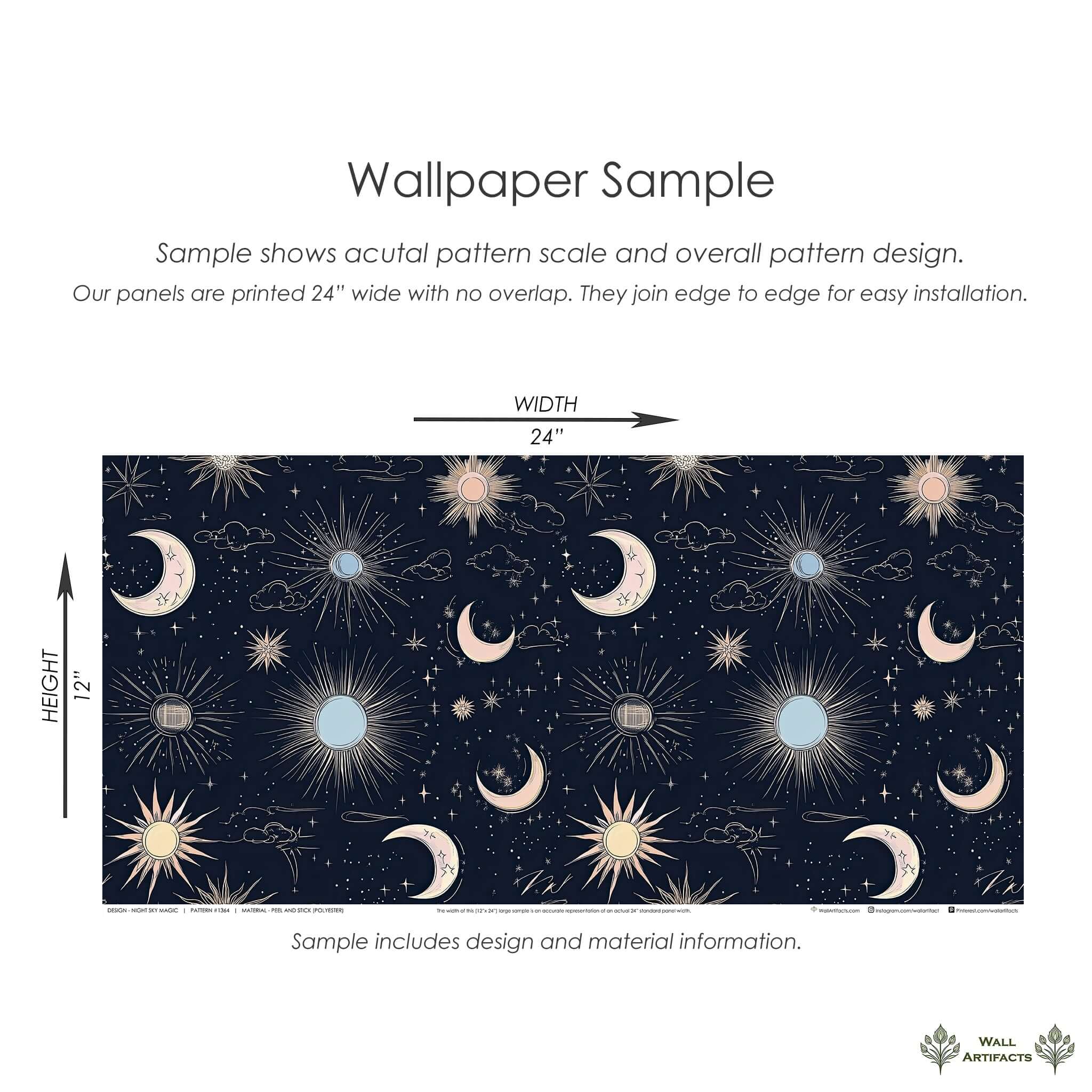Sample of "Night Sky Magic" Wallpaper sample with suns, moons, stars on deep blue - perfect for modern nurseries and playrooms.