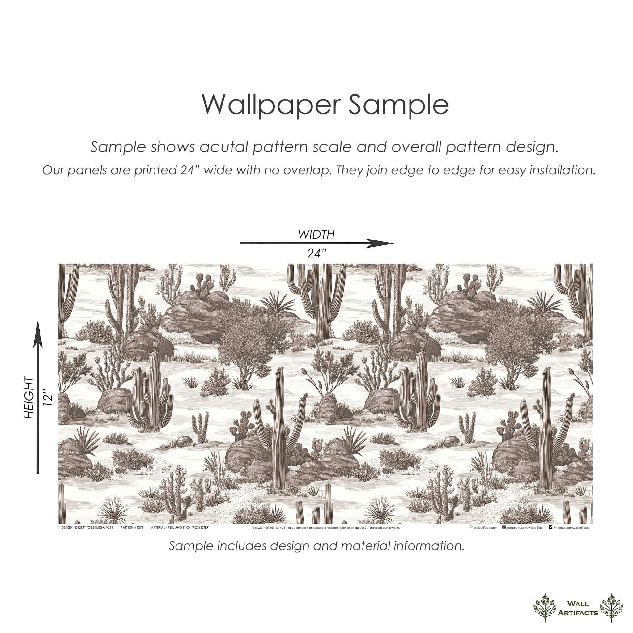 "Desert Toile Elegance II" wallpaper sample featuring French toile desert landscape in sepia tones, ideal for modern or rustic decor.