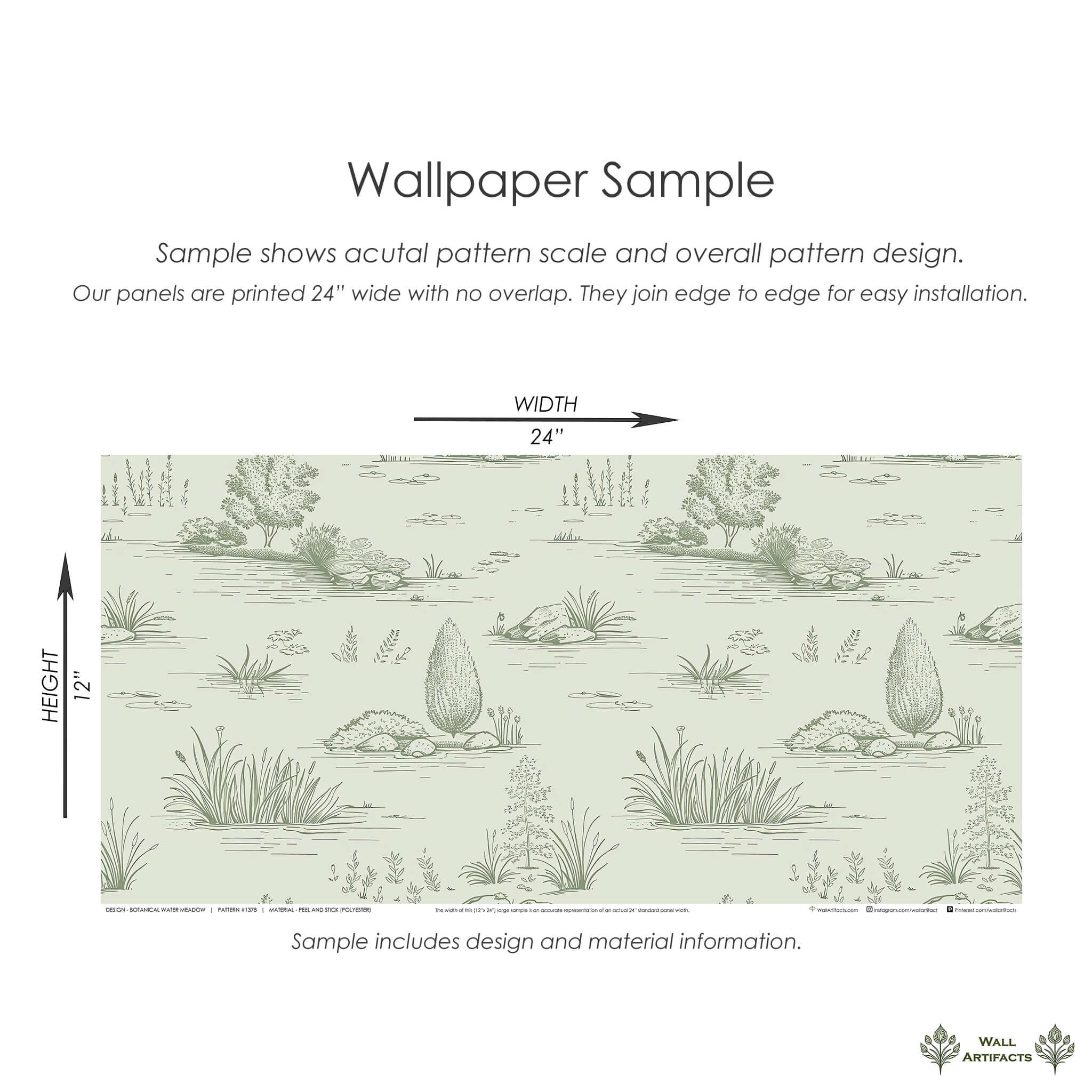 Botanical Water Meadow Wallpaper sample showing toile-inspired wetland scene with reeds and lily pads, 24x12 inches.