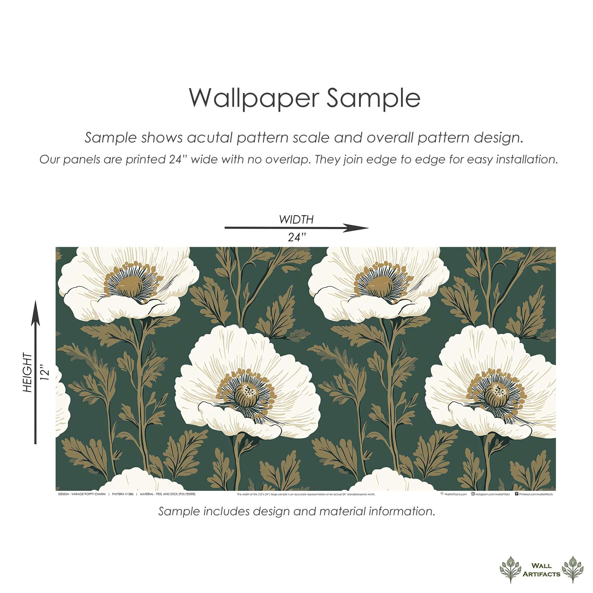 Vintage Poppy Charm wallpaper with ivory poppies and gold twigs on dark green, showcasing botanical elegance and vintage design.