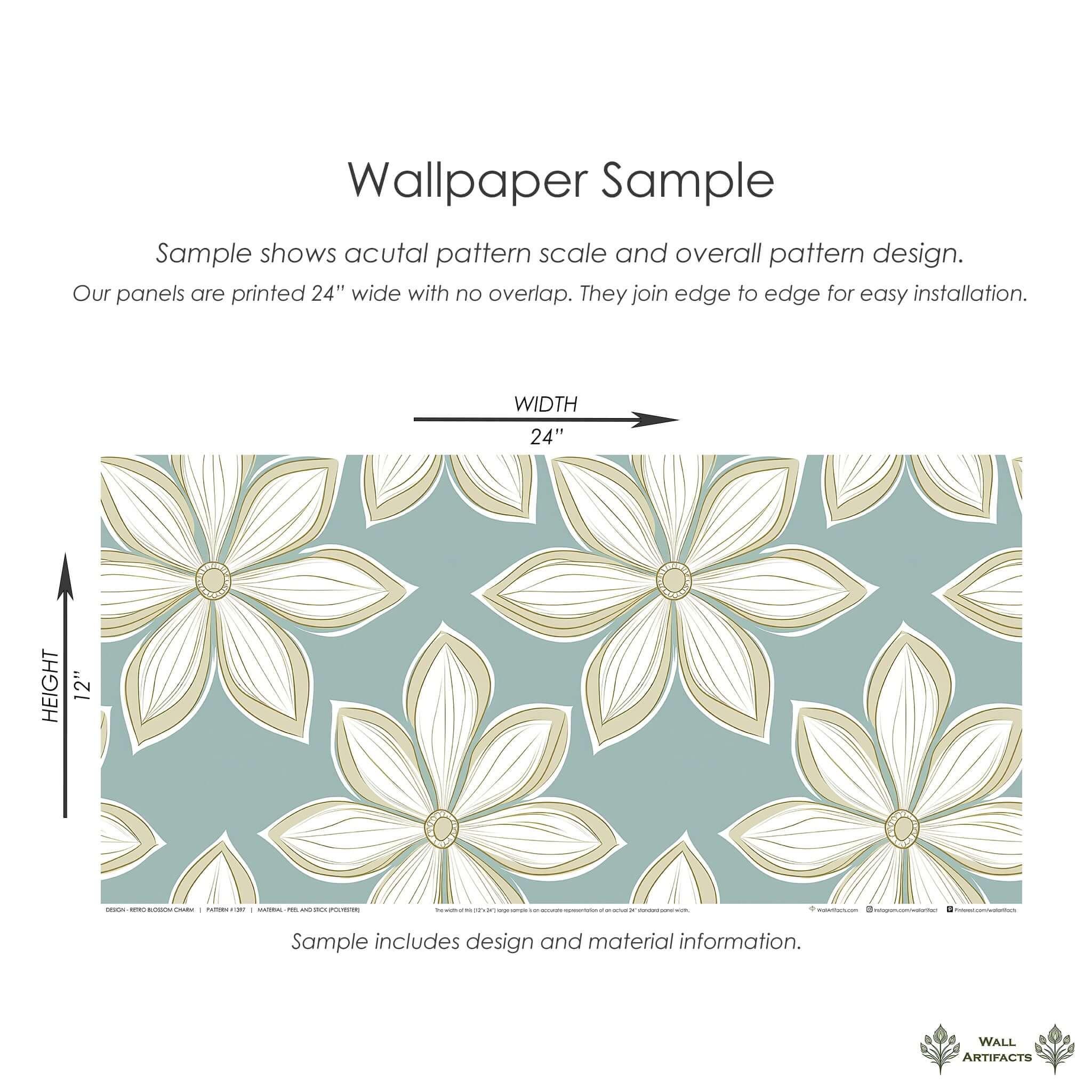 Wallpaper sample with mid-century modern white flowers on a teal background, showcasing vibrant retro-inspired design.
