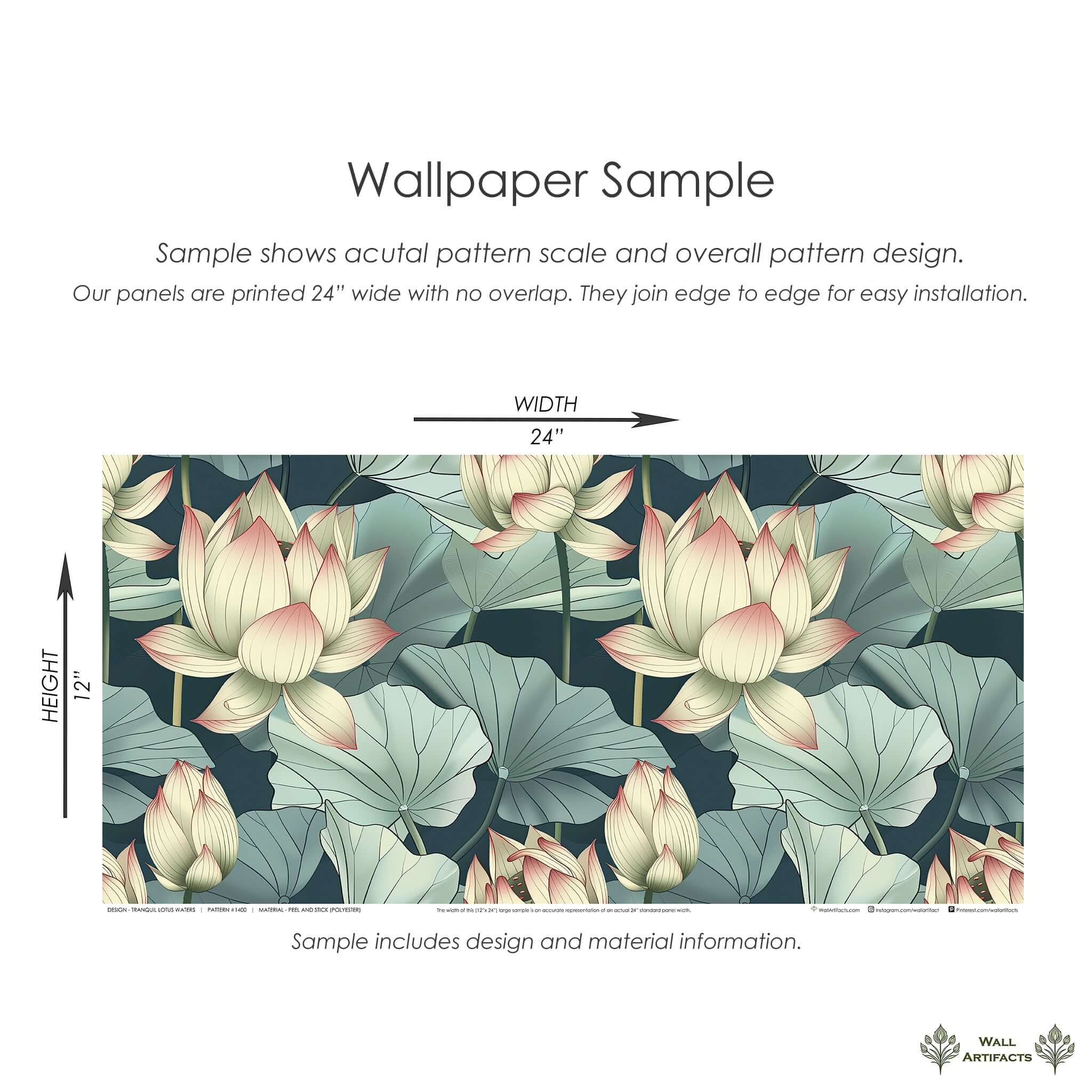 Tranquil Lotus Waters wallpaper sample with lotus flowers and lily pads in calming green and white tones, modern and contemporary design.