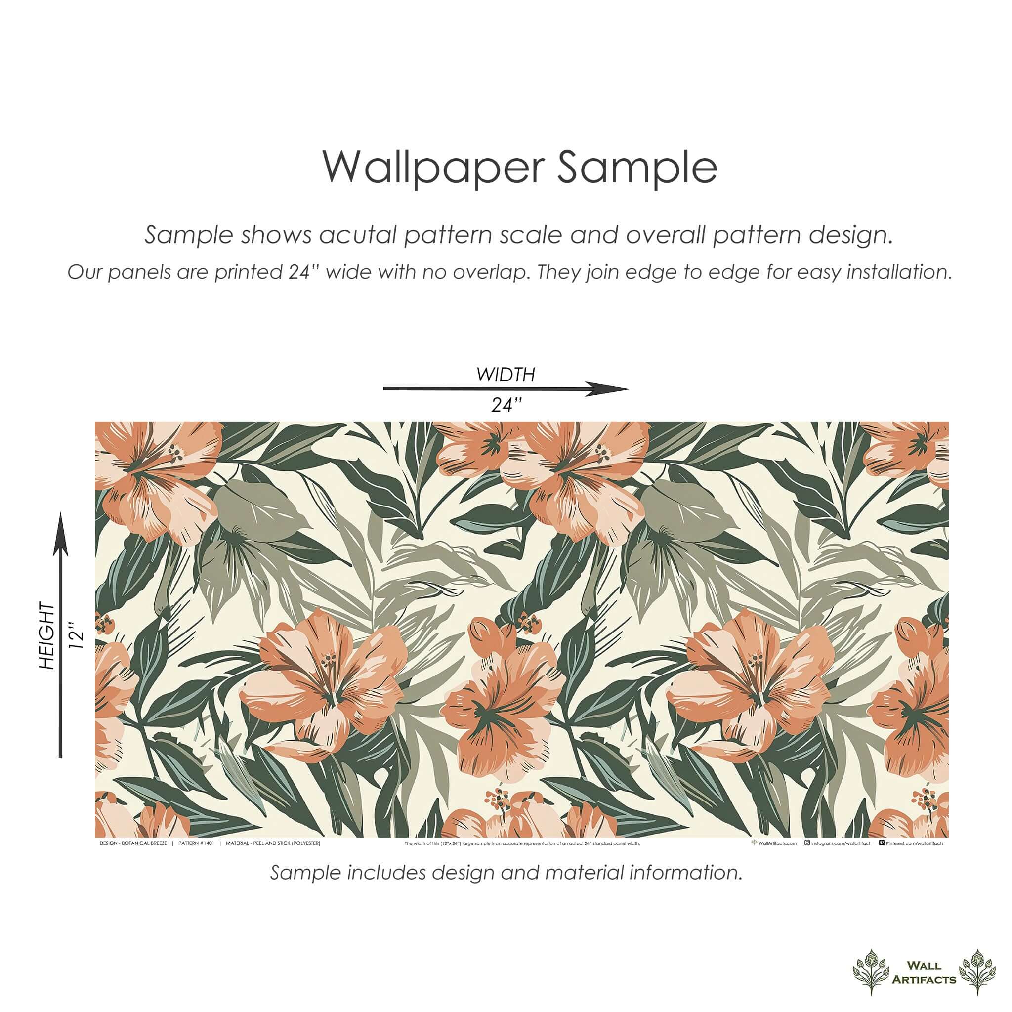 Botanical Breeze wallpaper sample with coral hibiscus flowers and green foliage, ideal for tropical and coastal-themed interiors.