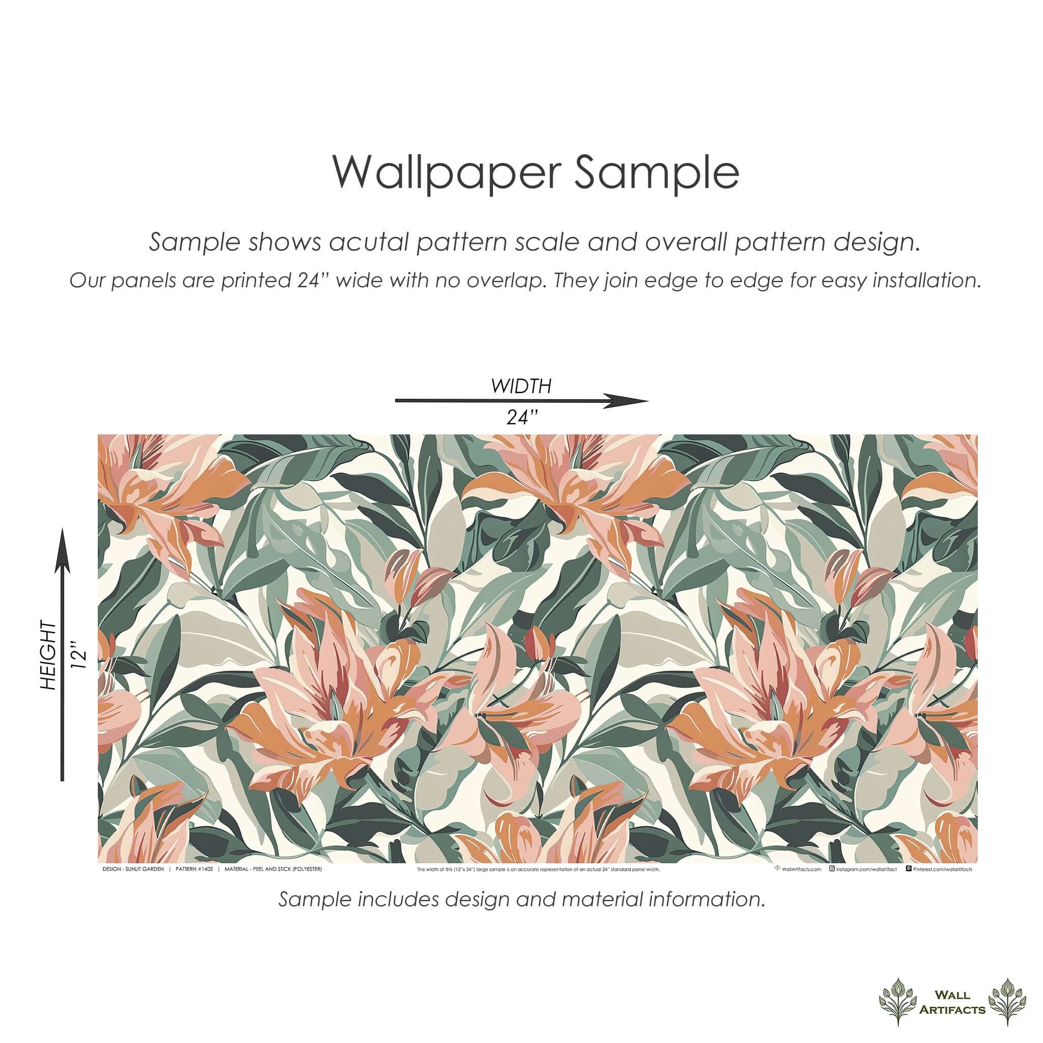Sunlit Garden Wallpaper sample with tropical flowers in coral and green, showcasing coastal botanical design by Wall Artifacts.
