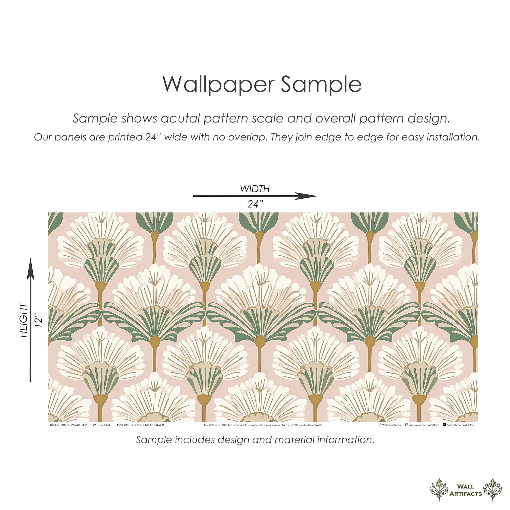 Art Nouveau Flora wallpaper sample with floral pattern in pink, white, and green. Features fan-shaped flowers on blush background.