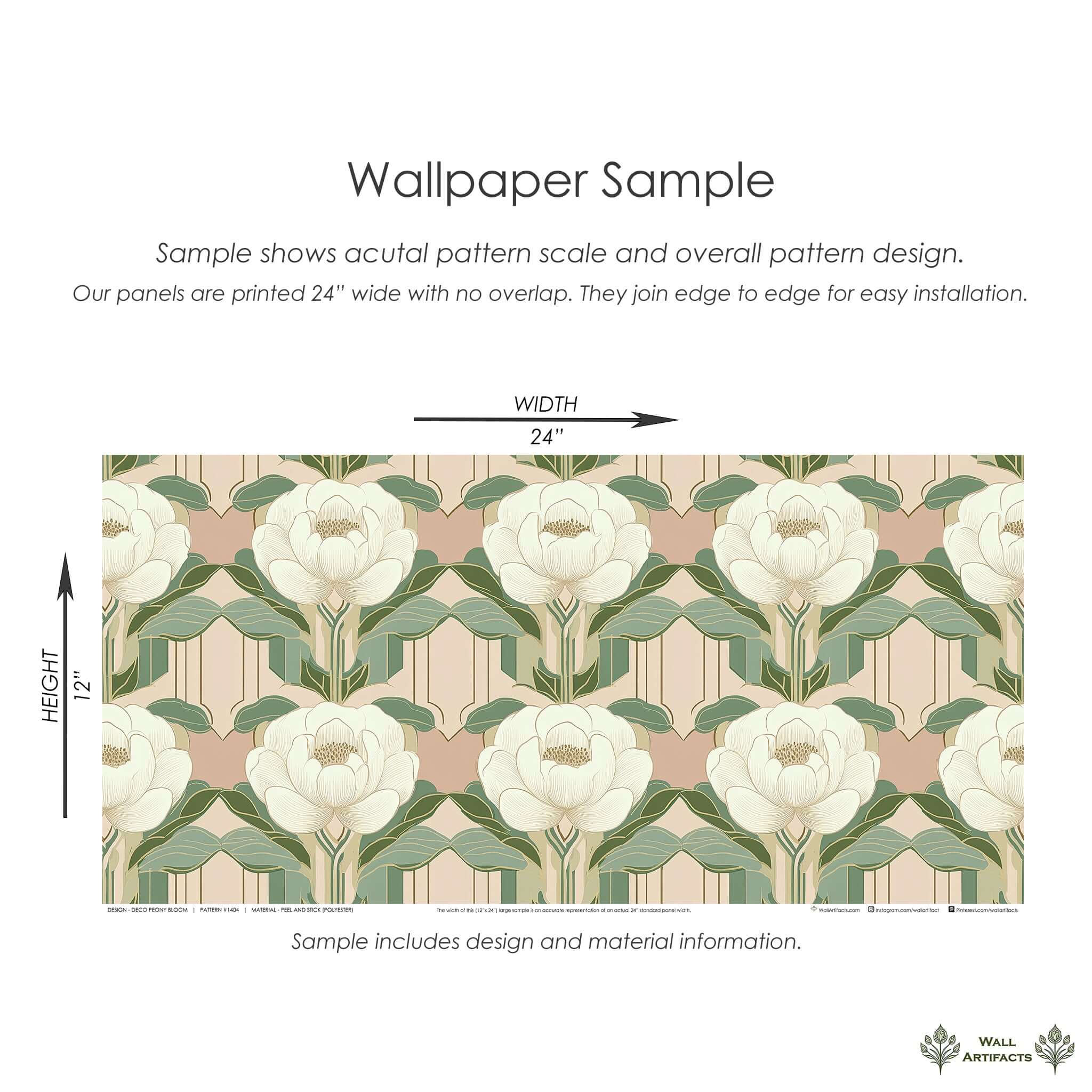 Sample of Deco Peony Bloom wallpaper showcasing art deco floral design with ivory peonies and pink-green geometric patterns.
