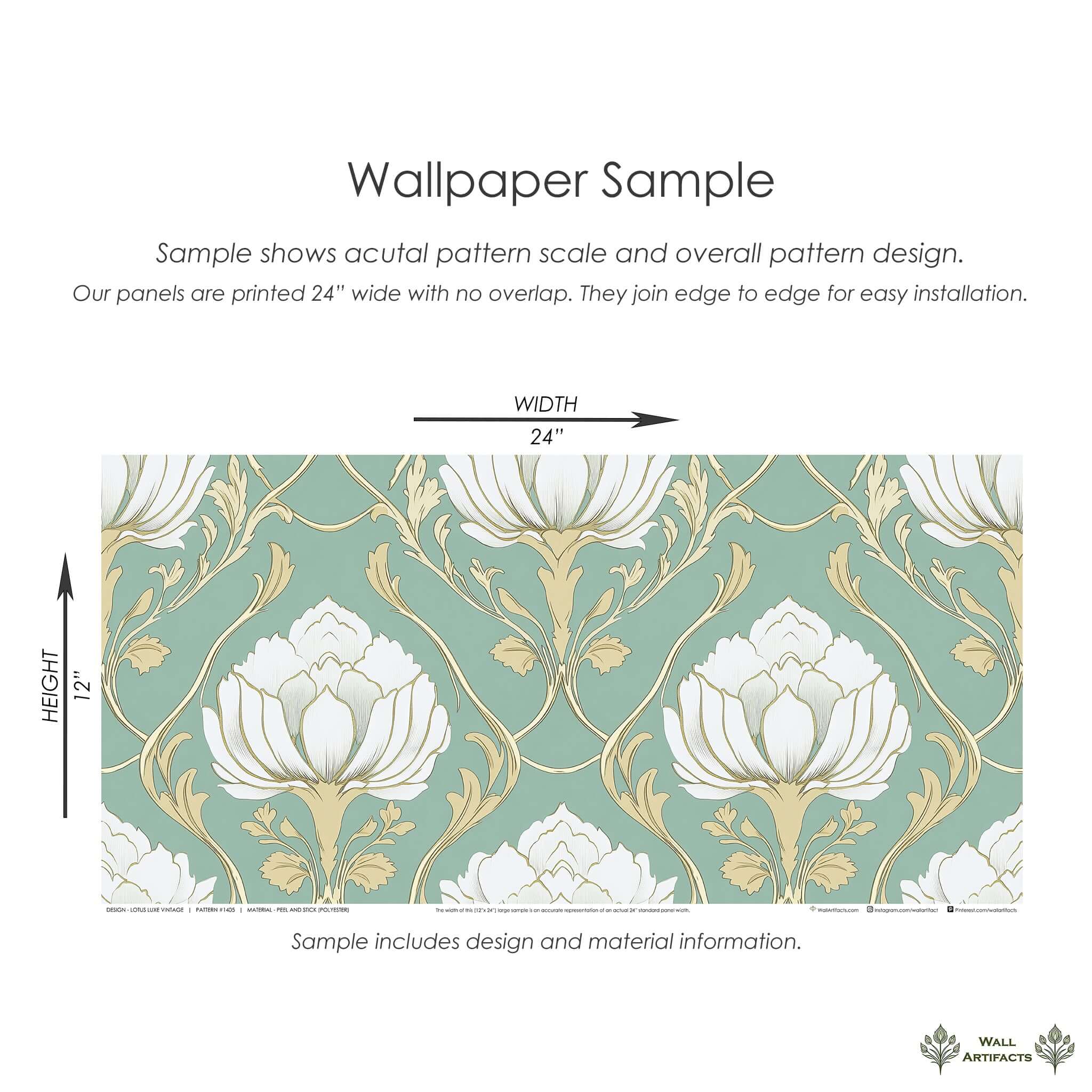 Lotus Luxe Vintage Wallpaper sample showcasing Art Nouveau lotus florals in ivory and gold on teal, timeless damask design.
