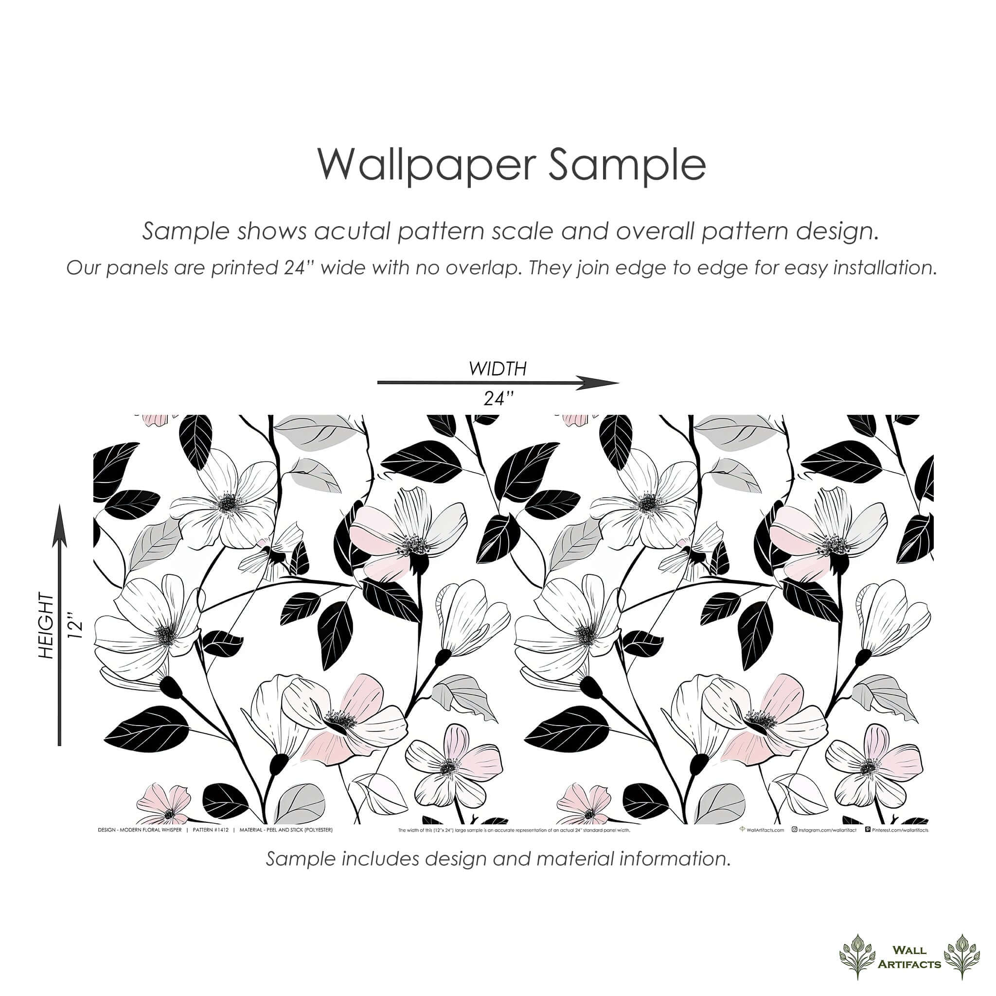 Modern Floral Whisper wallpaper sample featuring monochrome and blush florals with black foliage, ideal for bedrooms and bathrooms.