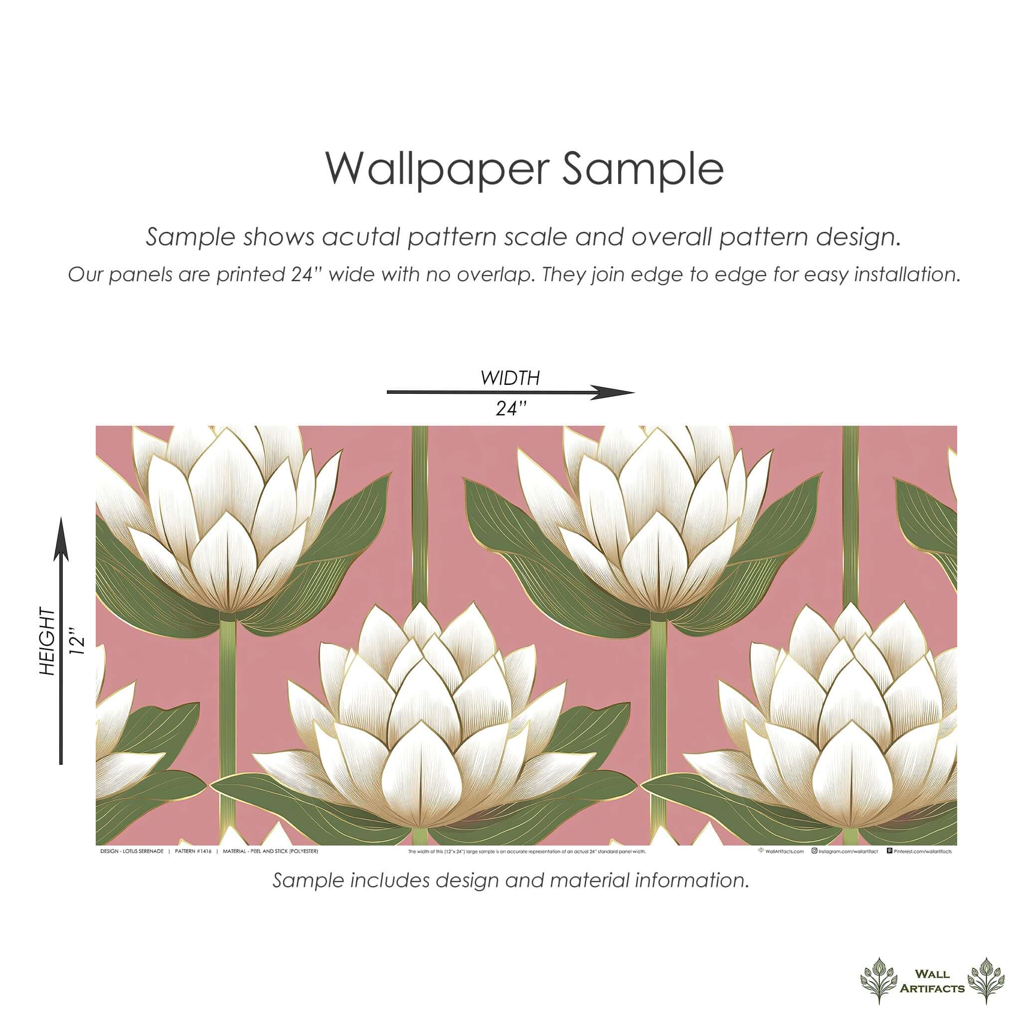 Lotus Serenade floral wallpaper sample with ivory lotus flowers, green leaves, on a rose background, modern and contemporary design.