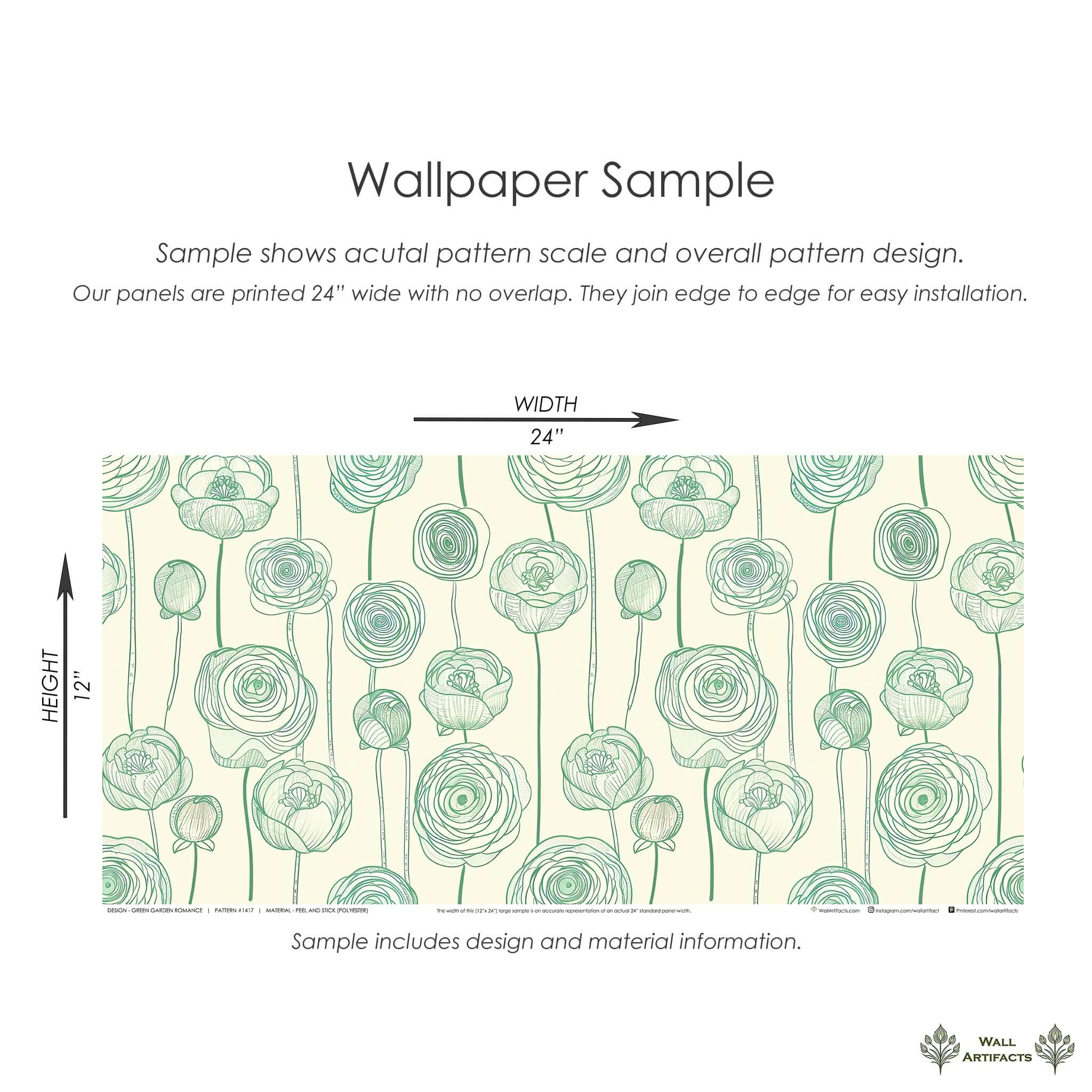 Green Garden Romance wallpaper sample with green floral design on a cream background by Wall Artifacts; botanical elegance for modern spaces.