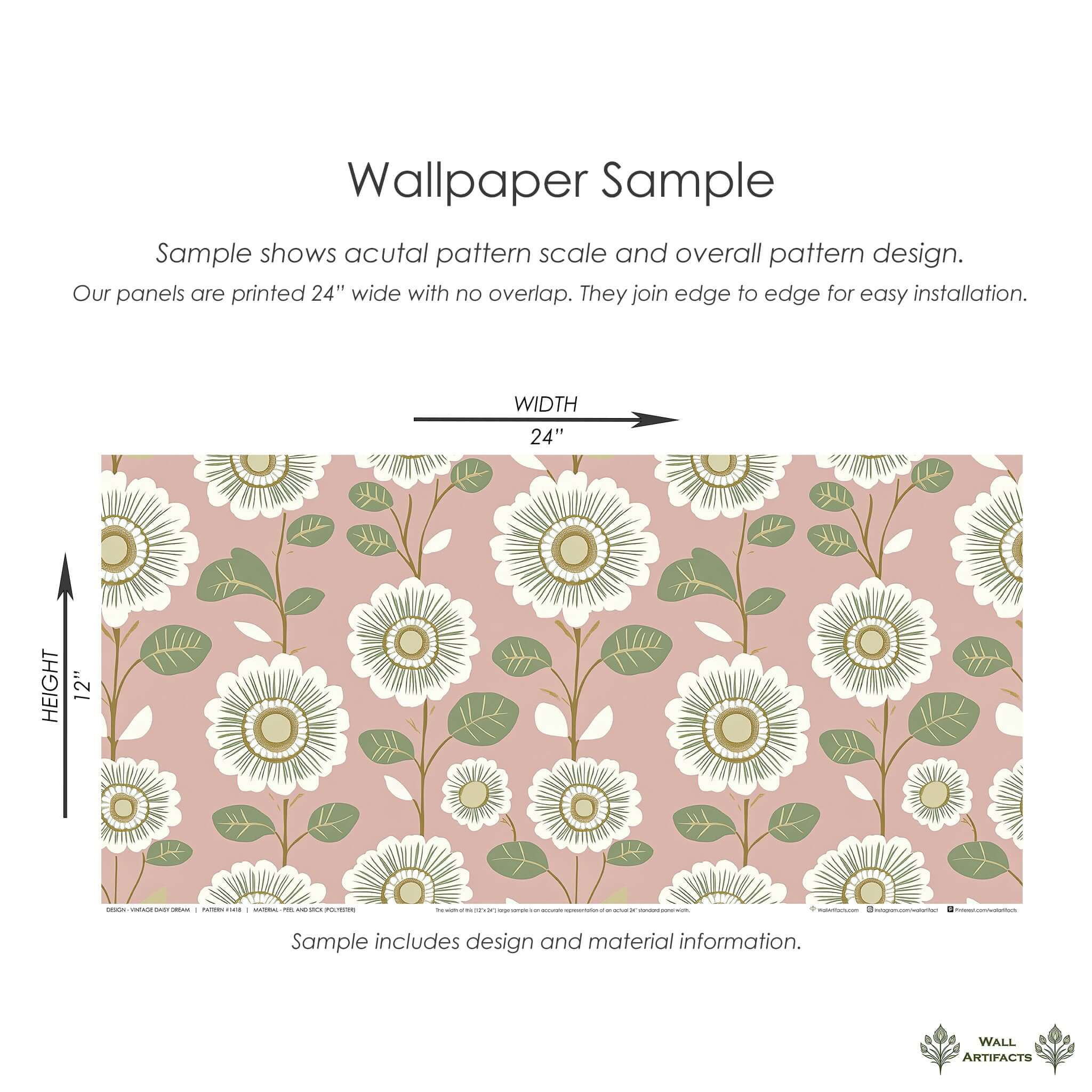 Vintage Daisy Dream Wallpaper with white daisies, olive green leaves, and blush-pink background, perfect for contemporary floral decor.