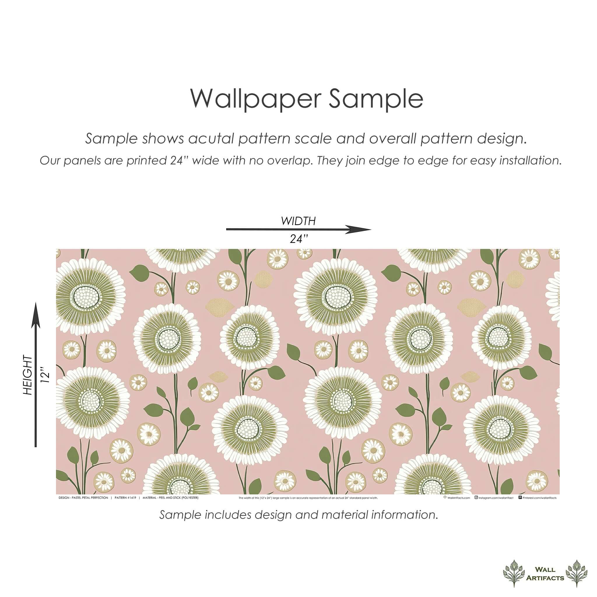 Pastel Petal Perfection wallpaper with daisy-like floral patterns in white and green on a pink background, 24" wide sample by Wall Artifacts.