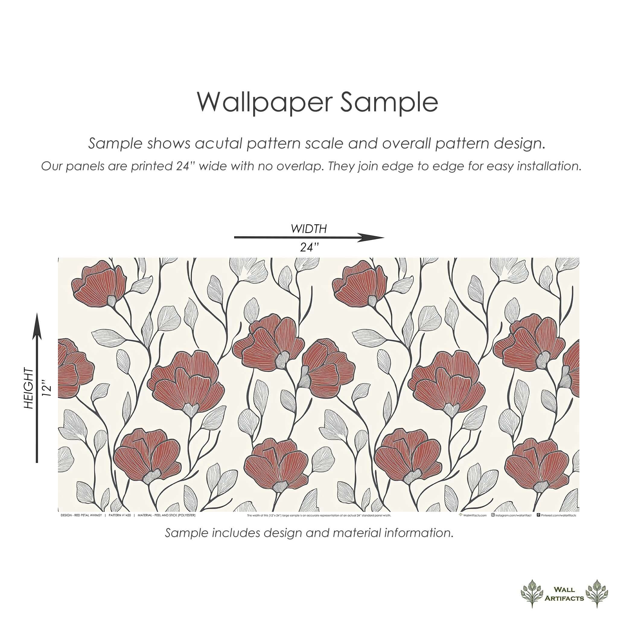 Sample of "Red Petal Whimsy" modern floral wallpaper with red flowers and monochrome foliage on a cream backdrop, 24" x 12" panel.