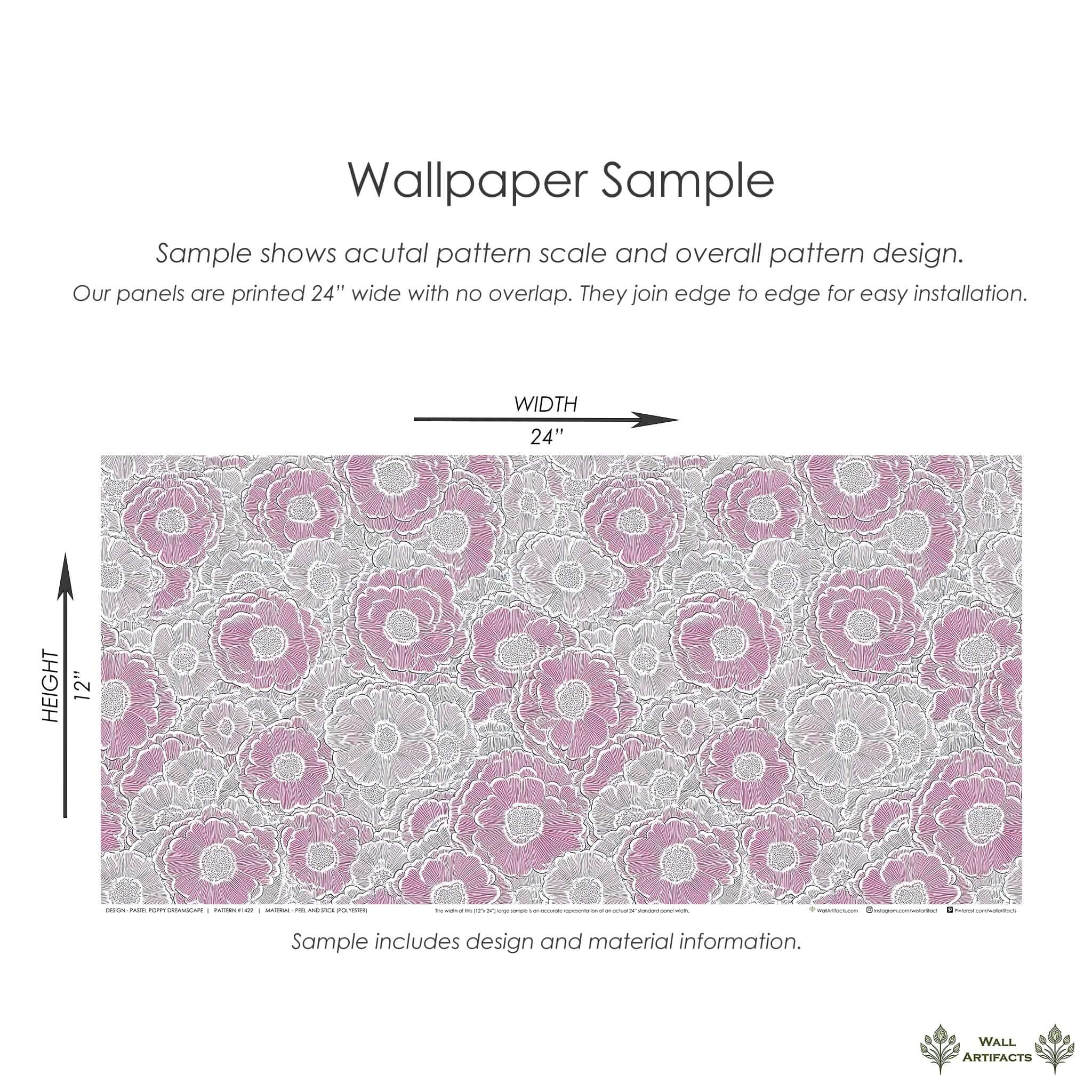 Pastel Poppy Dreamscape wallpaper sample showing floral pattern with soft pink and ivory poppies by Wall Artifacts.