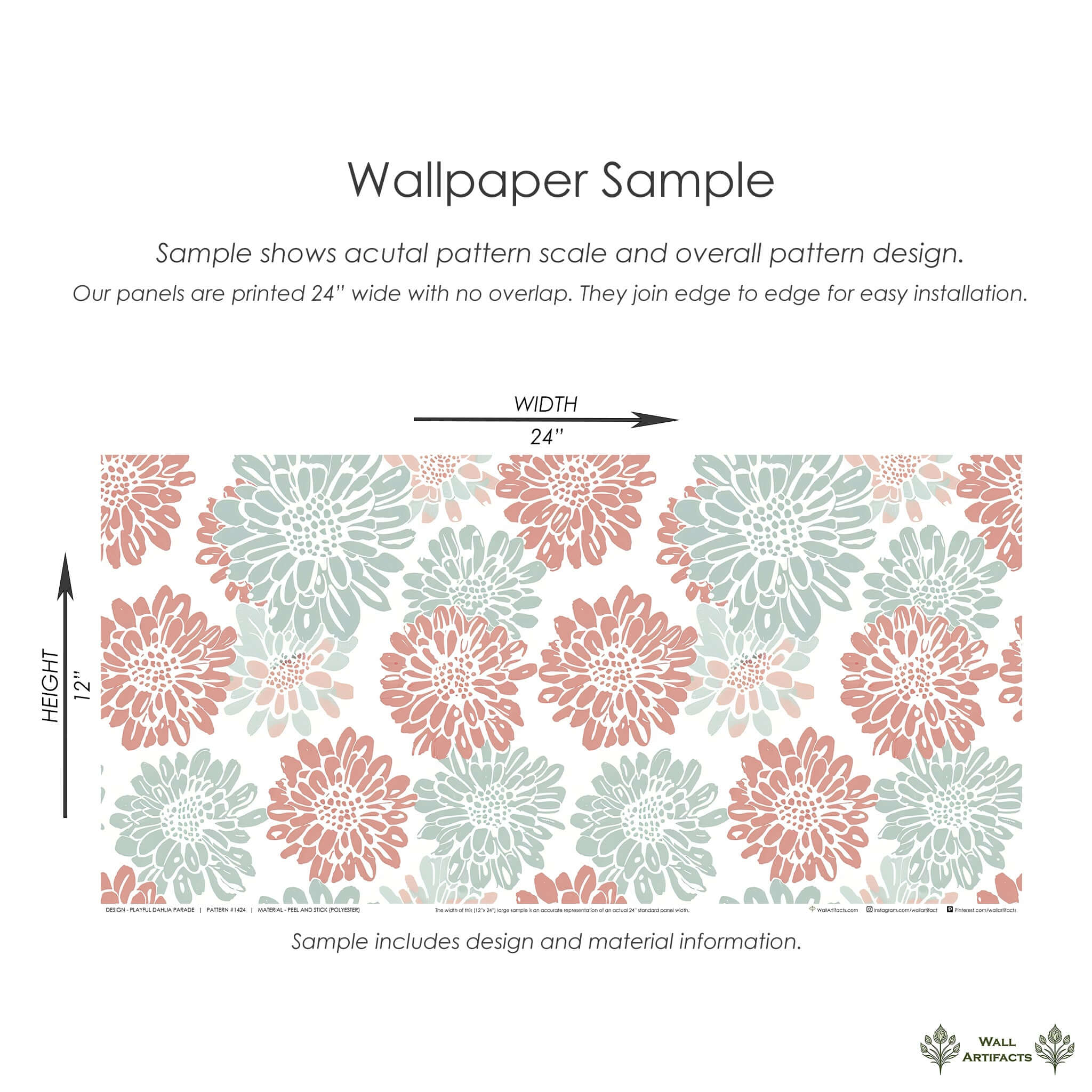 "Playful Dahlia Parade" wallpaper sample featuring coral pink and mint green abstract dahlia flowers on a white background.