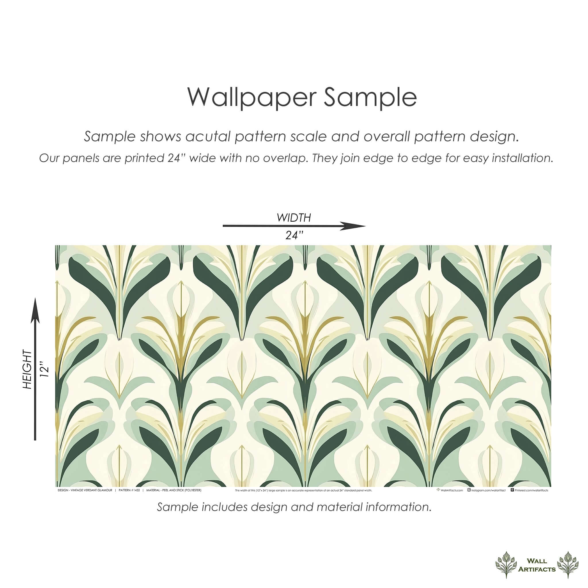Art Deco inspired wallpaper sample in green, gold, and ivory with a botanical pattern from Wall Artifacts, 24" x 12" panel dimensions.