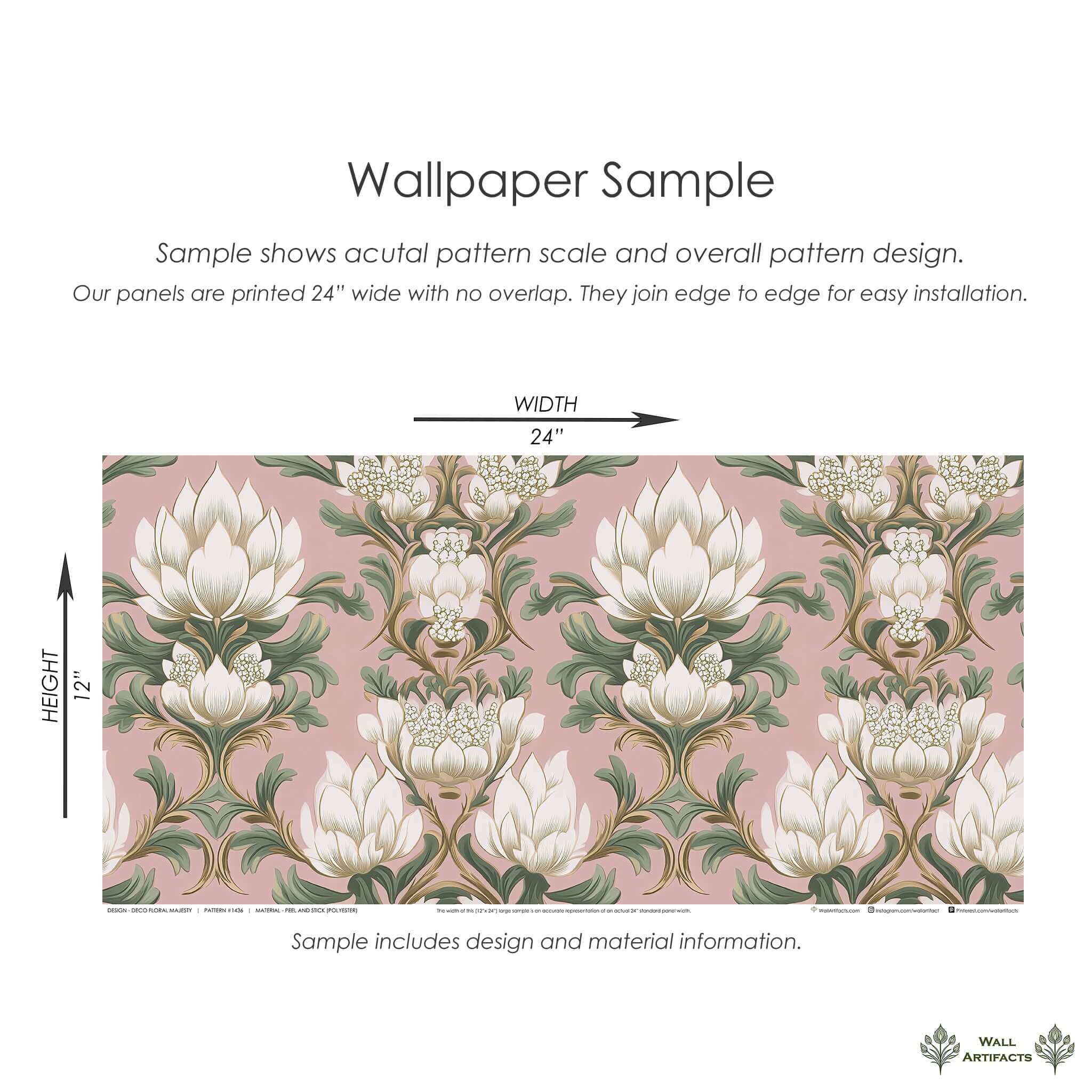 Deco Floral Majesty wallpaper sample with white flowers and green foliage on a pink background, showcasing a timeless Art Deco design.