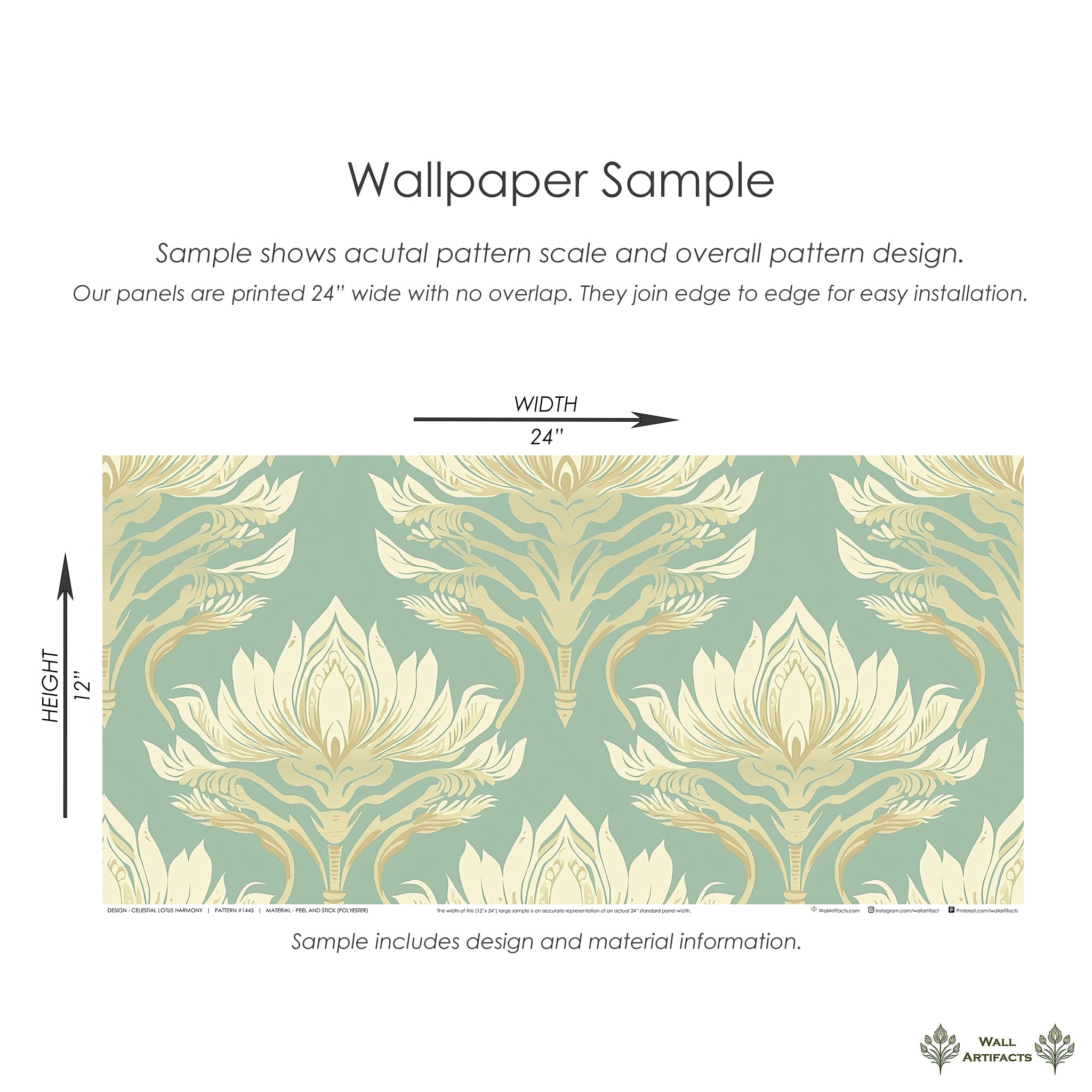 Sample of 'Celestial Lotus Harmony' wallpaper featuring Art Nouveau floral design with lotus flowers on a teal background.