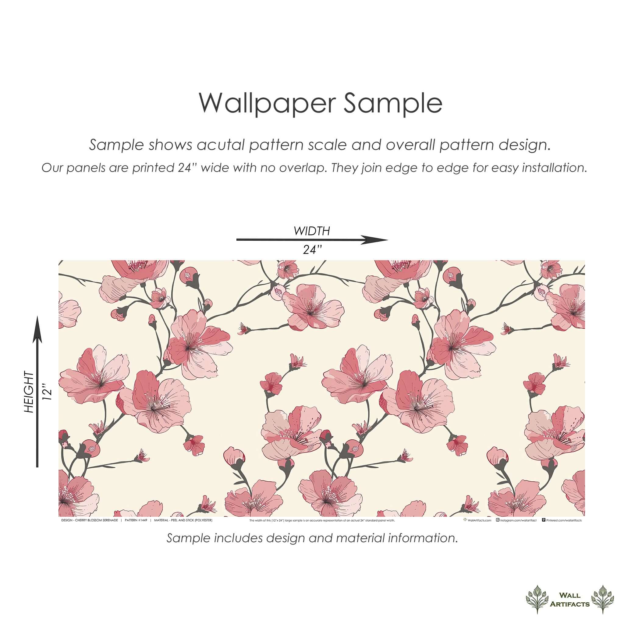 Cherry Blossom Serenade wallpaper sample with pink and red floral patterns on a tan background, showcasing modern and contemporary design.