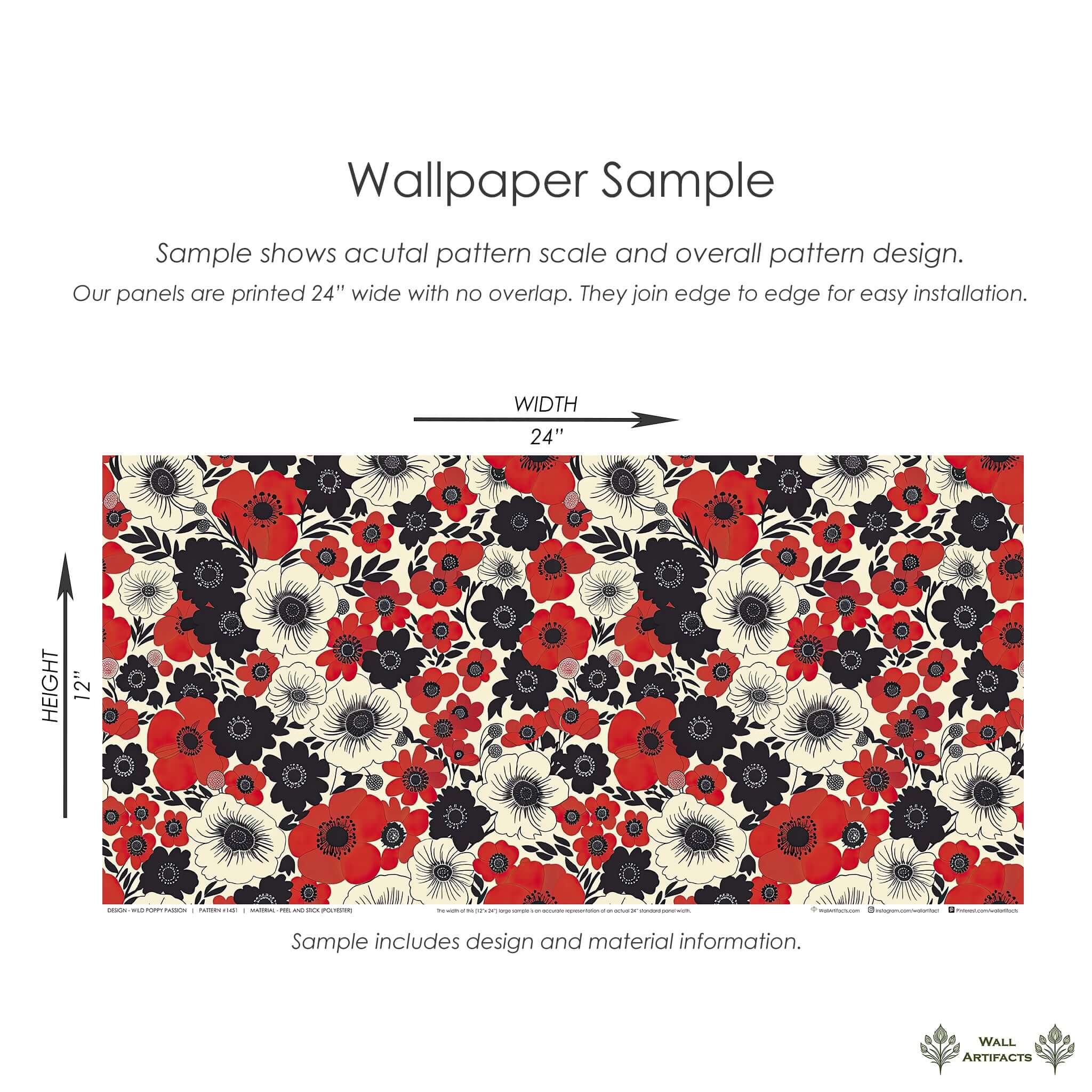 Bold Wild Poppy Passion wallpaper with red poppies, black accents, and cream blooms for modern, contemporary spaces. 24x12 sample.