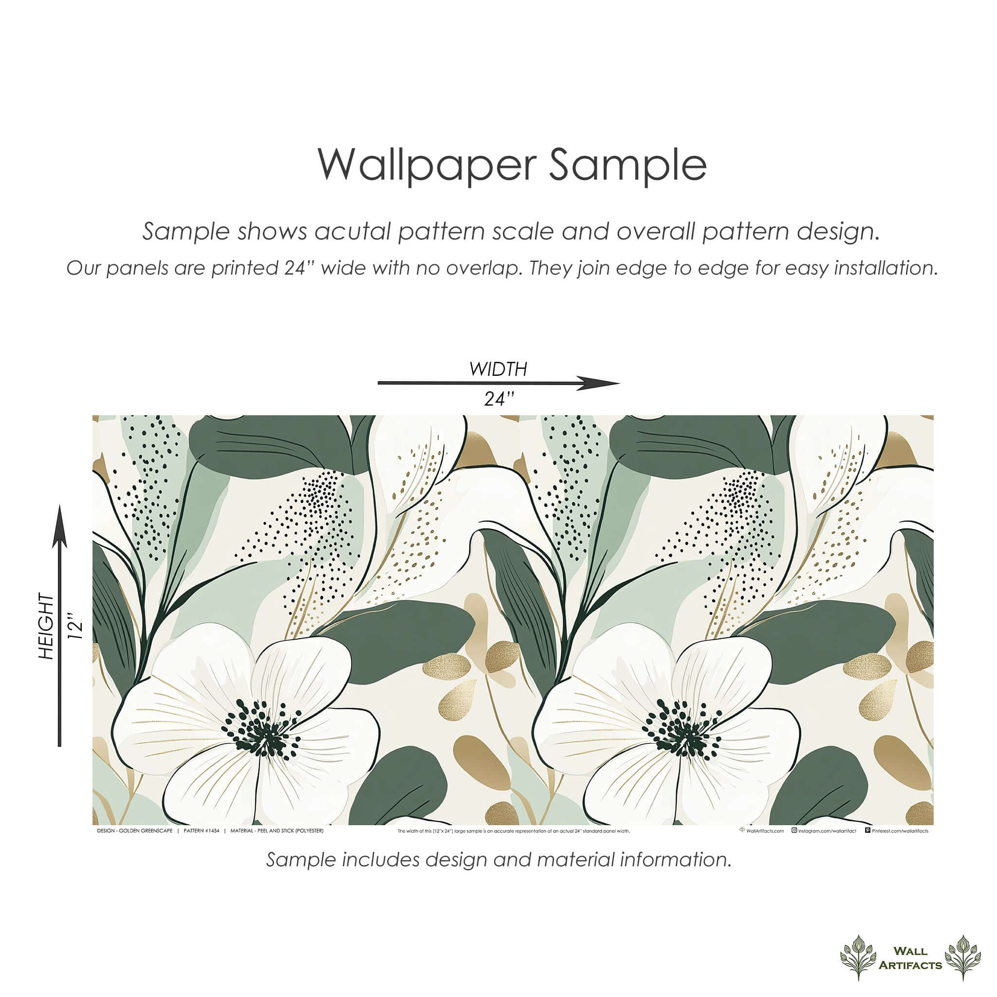 Golden Greenscape wallpaper sample with white flowers, green leaves, and gold accents on a neutral background, showcasing a modern design.