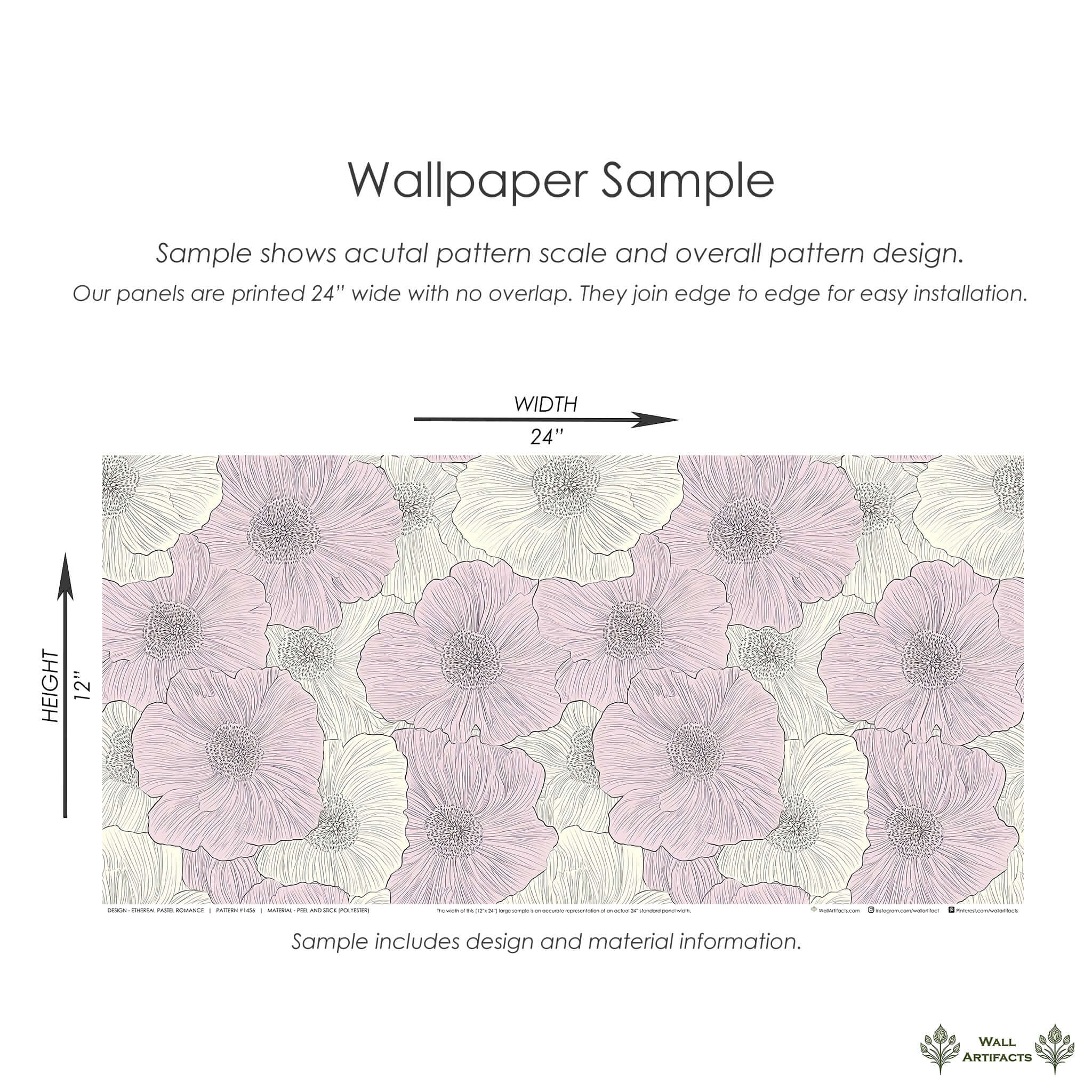 Ethereal Pastel Romance wallpaper sample with hand-drawn floral patterns in pink and ivory, showcasing modern, contemporary design.