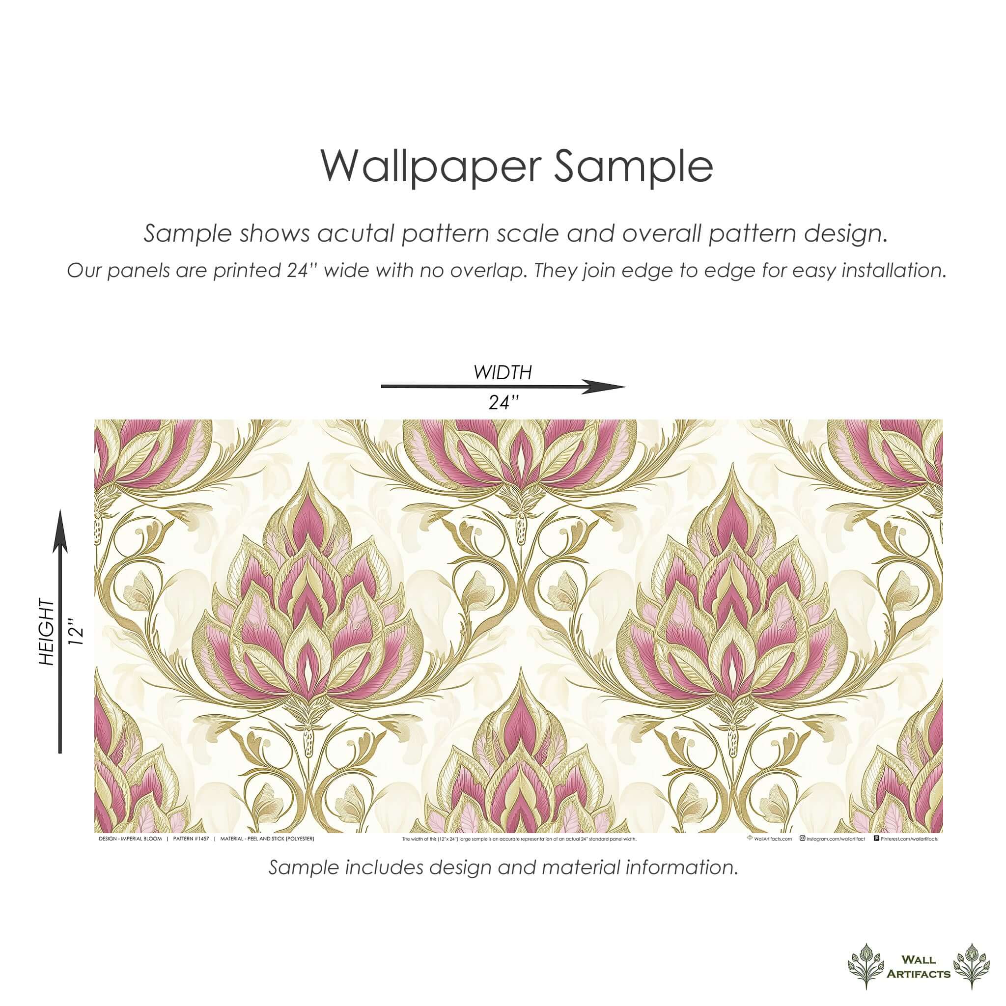 Imperial Bloom Wallpaper sample with pink and gold floral damask pattern, measuring 24" wide and 12" high for elegant walls.