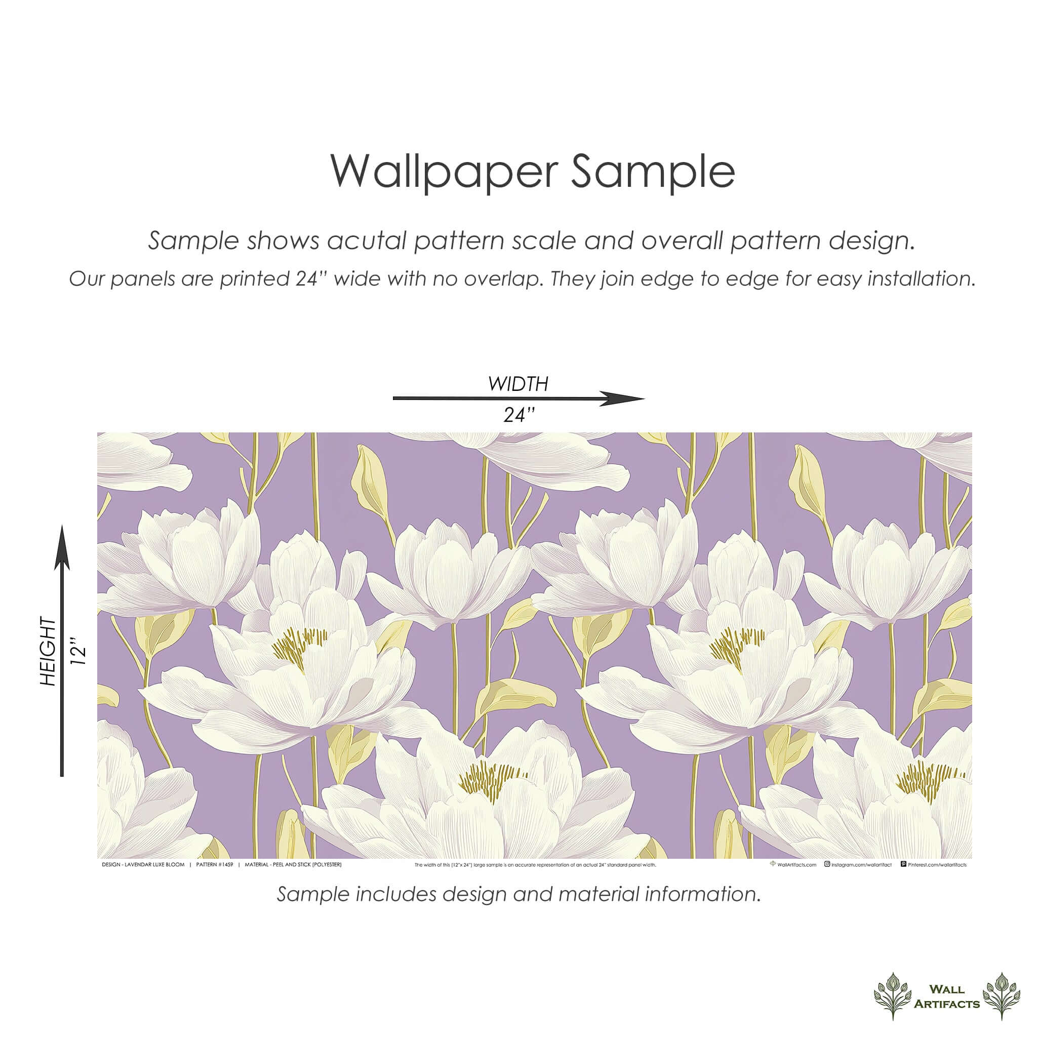 Lavender Luxe Bloom floral wallpaper sample featuring white flowers, gold stems, and lavender background, 24x12 inches.