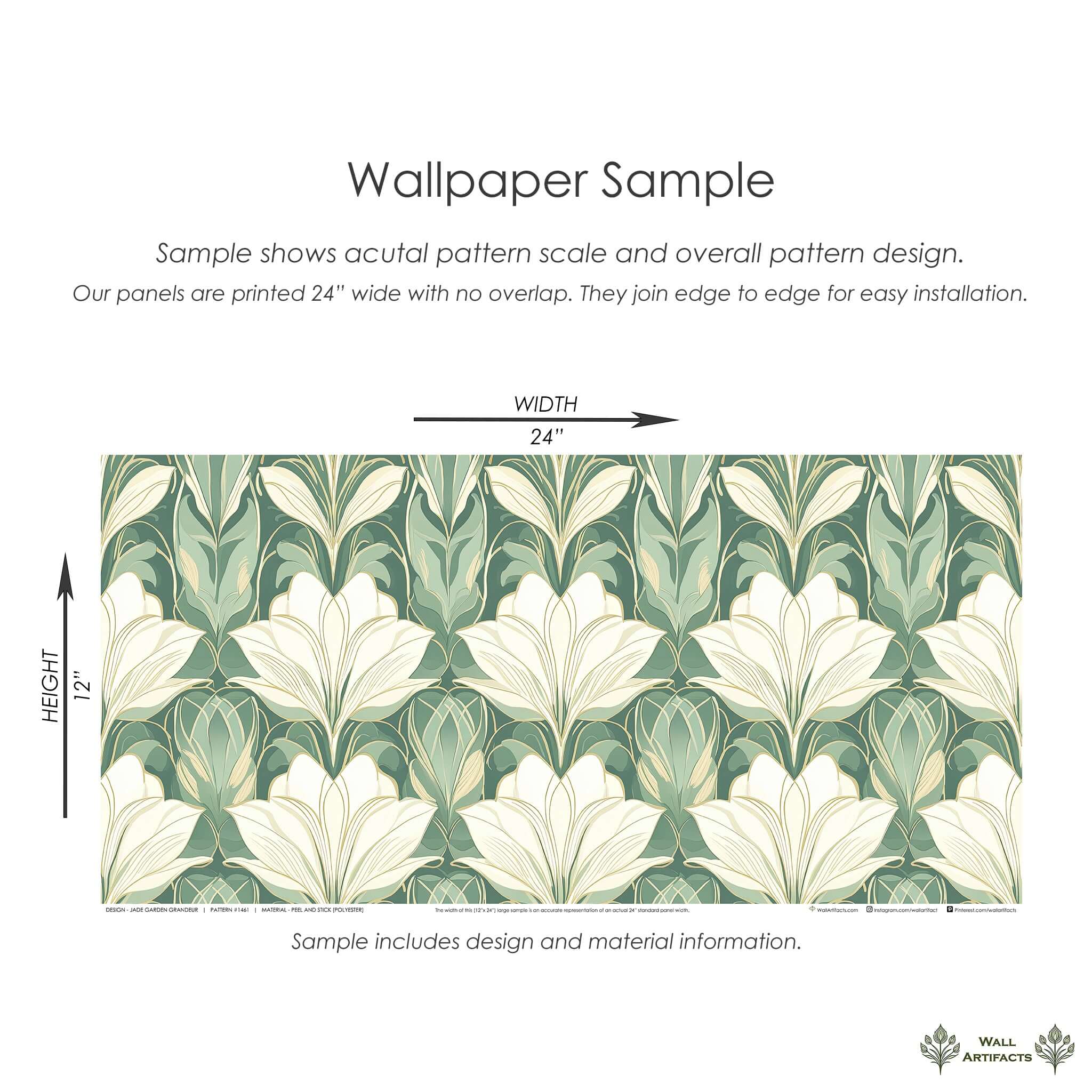 Jade Garden Grandeur floral wallpaper sample in art deco style, showcasing ivory flowers on jade green, suitable for art nouveau decor.