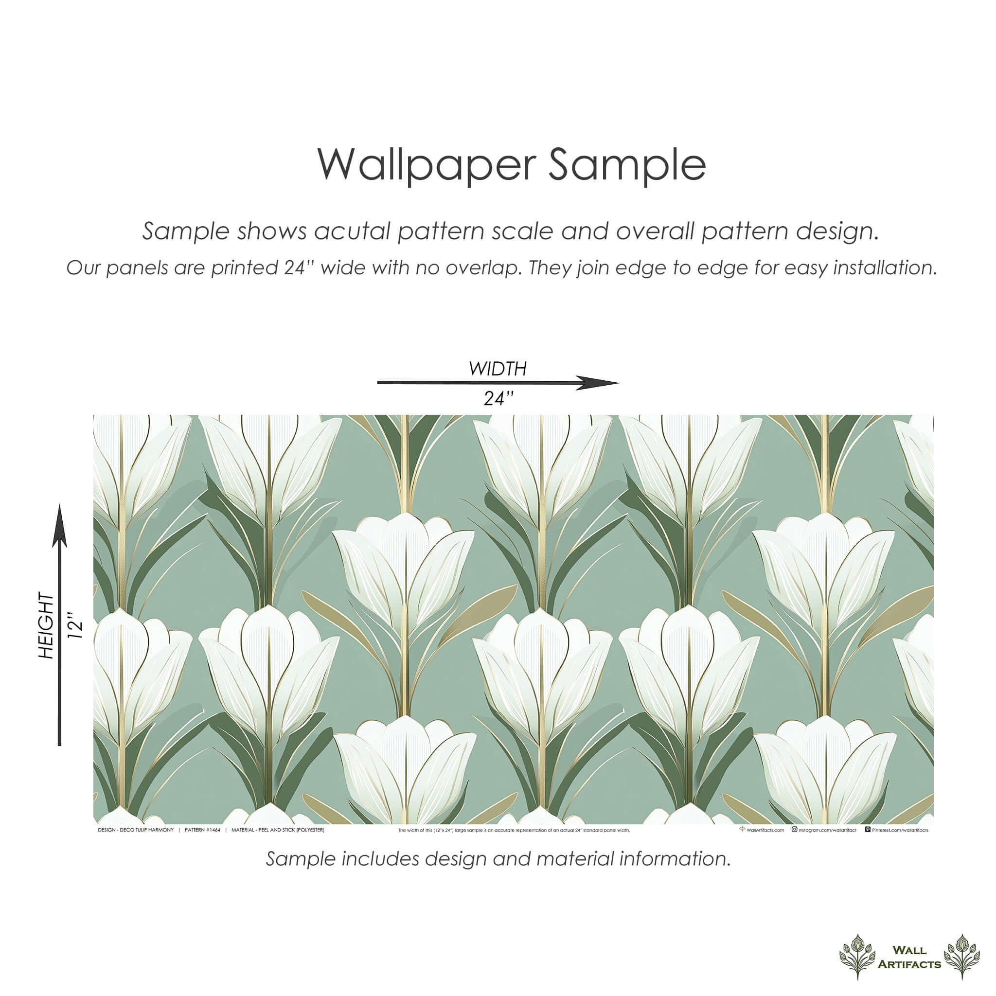 Deco Tulip Harmony wallpaper sample with Art Deco elements, featuring stylized tulips in green, gold, and white.