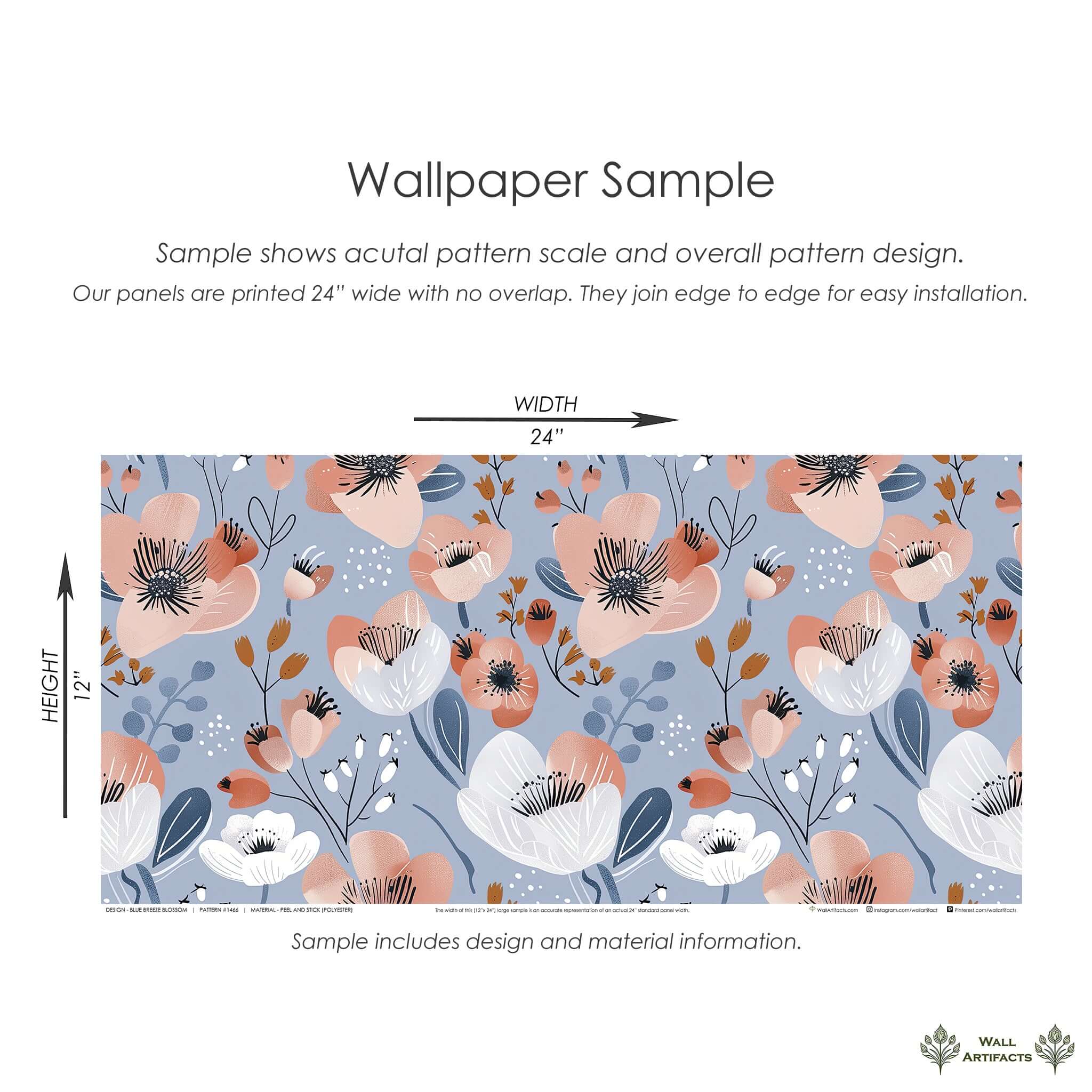 Sample of Blue Breeze Blossom Wallpaper with modern floral design in blue, coral, and white, perfect for elegant interiors.