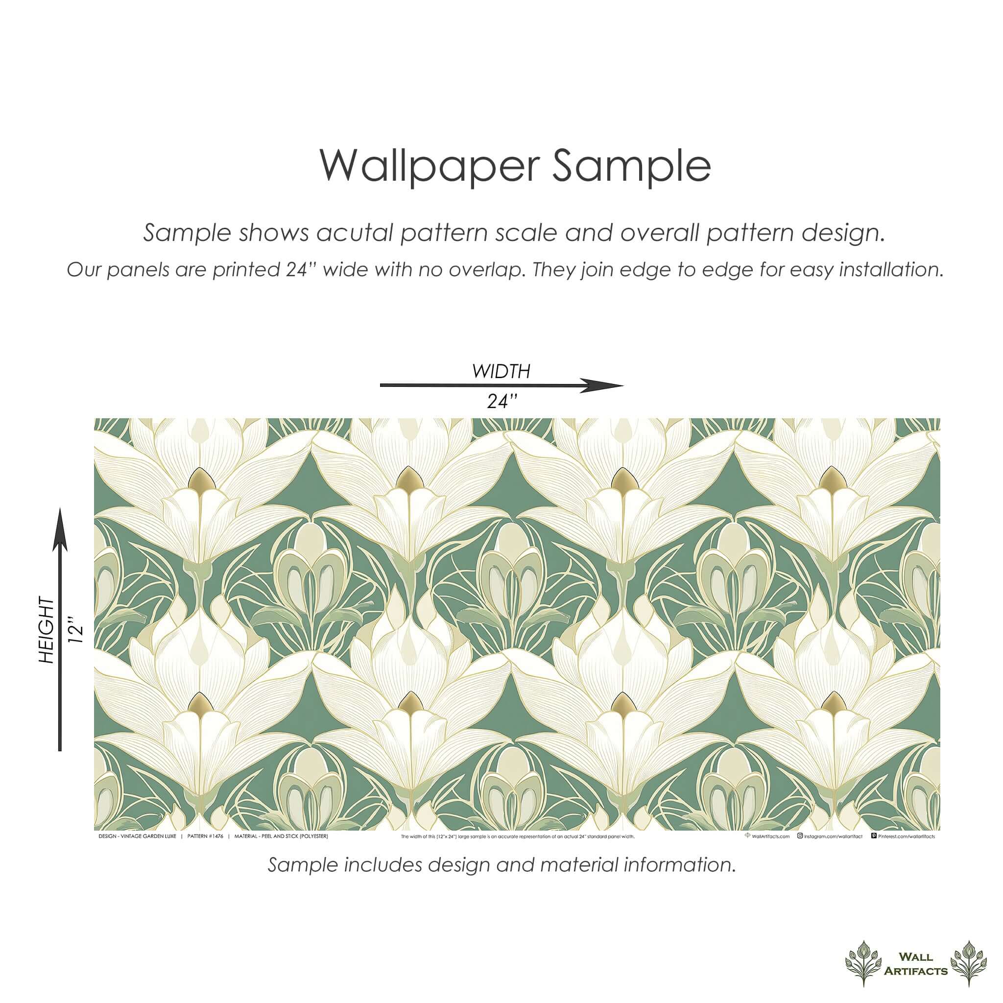 Art deco floral wallpaper sample with cream lotus on sage green, showcasing vintage and nature-inspired design by Wall Artifacts.