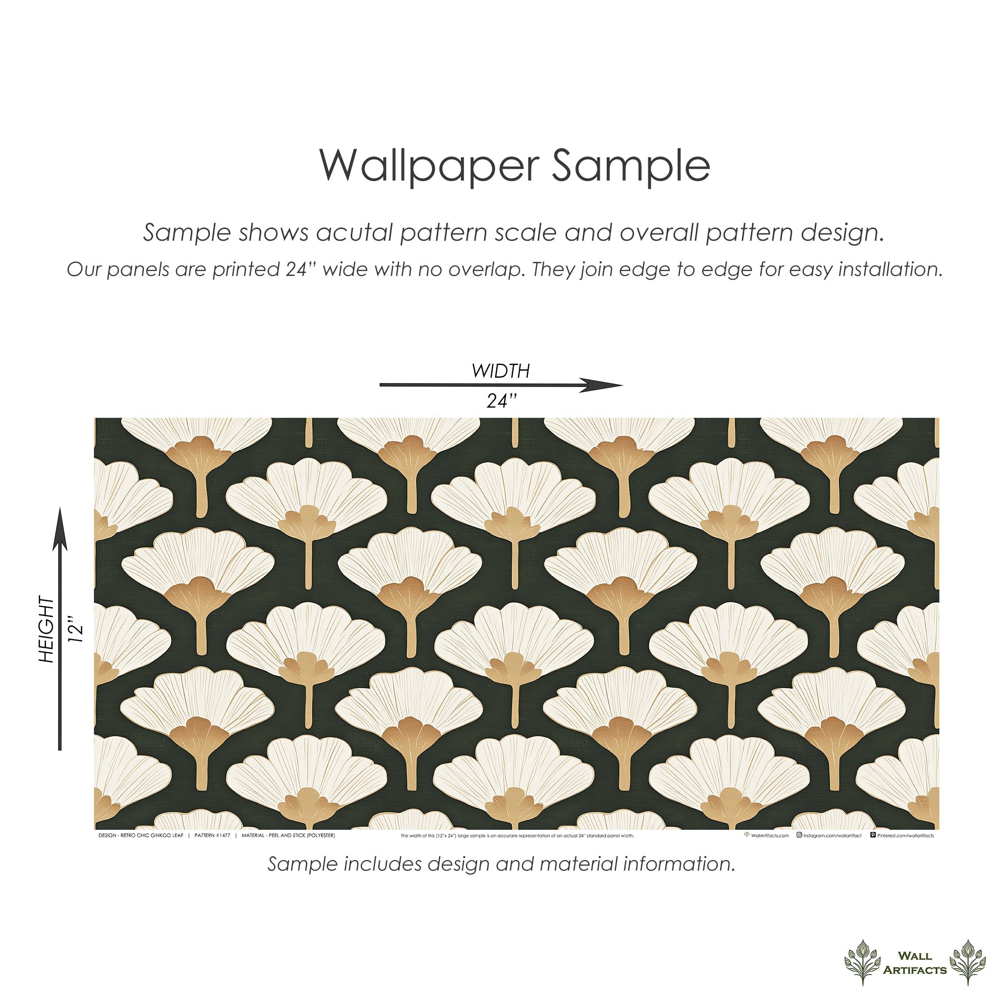 Retro Chic Ginkgo Leaf Wallpaper with cream flowers on dark green, art deco style for elegant accent walls and home offices.
