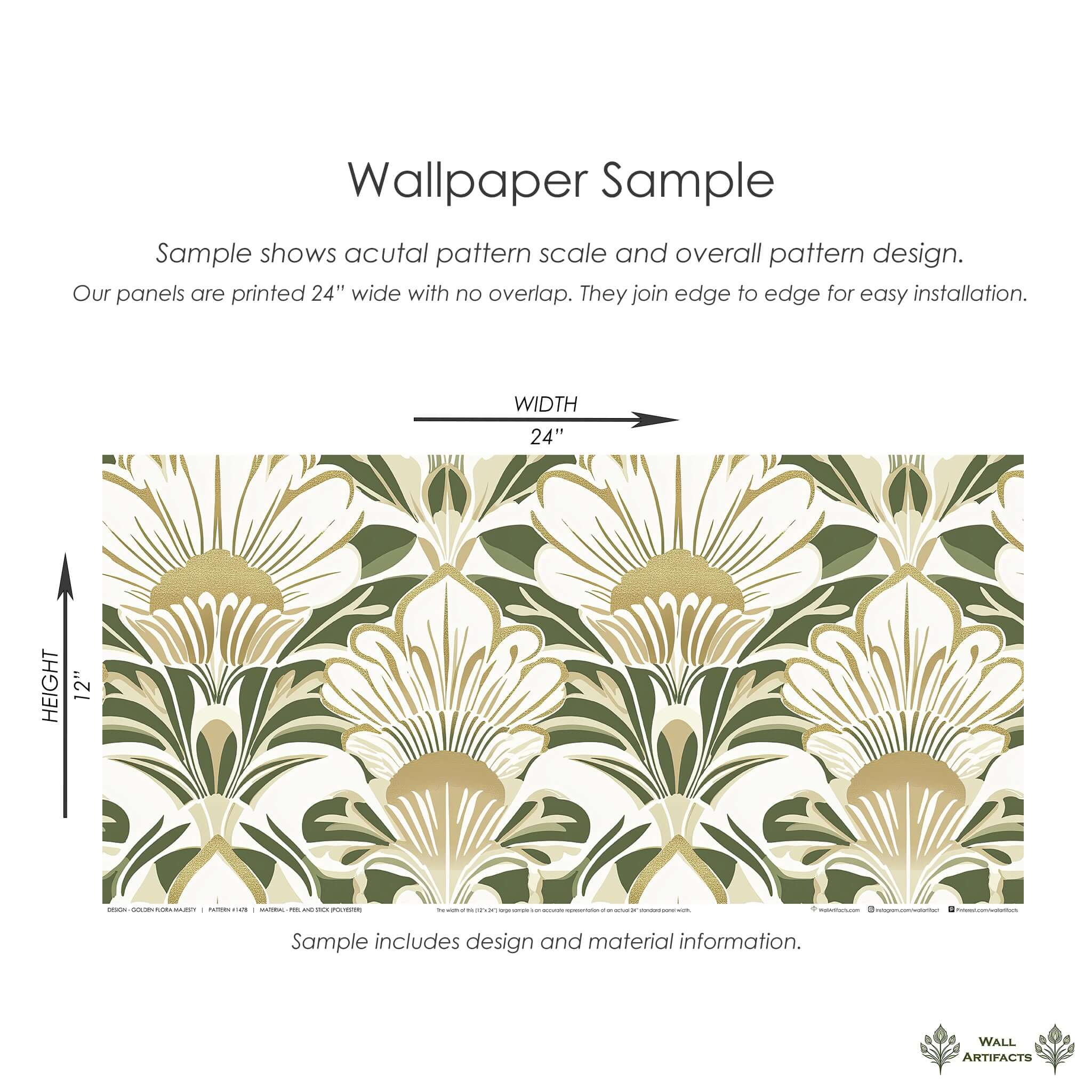 Golden Flora Majesty Wallpaper sample showcasing Art Deco white flowers with gold accents on a green background, 24x12 inches.