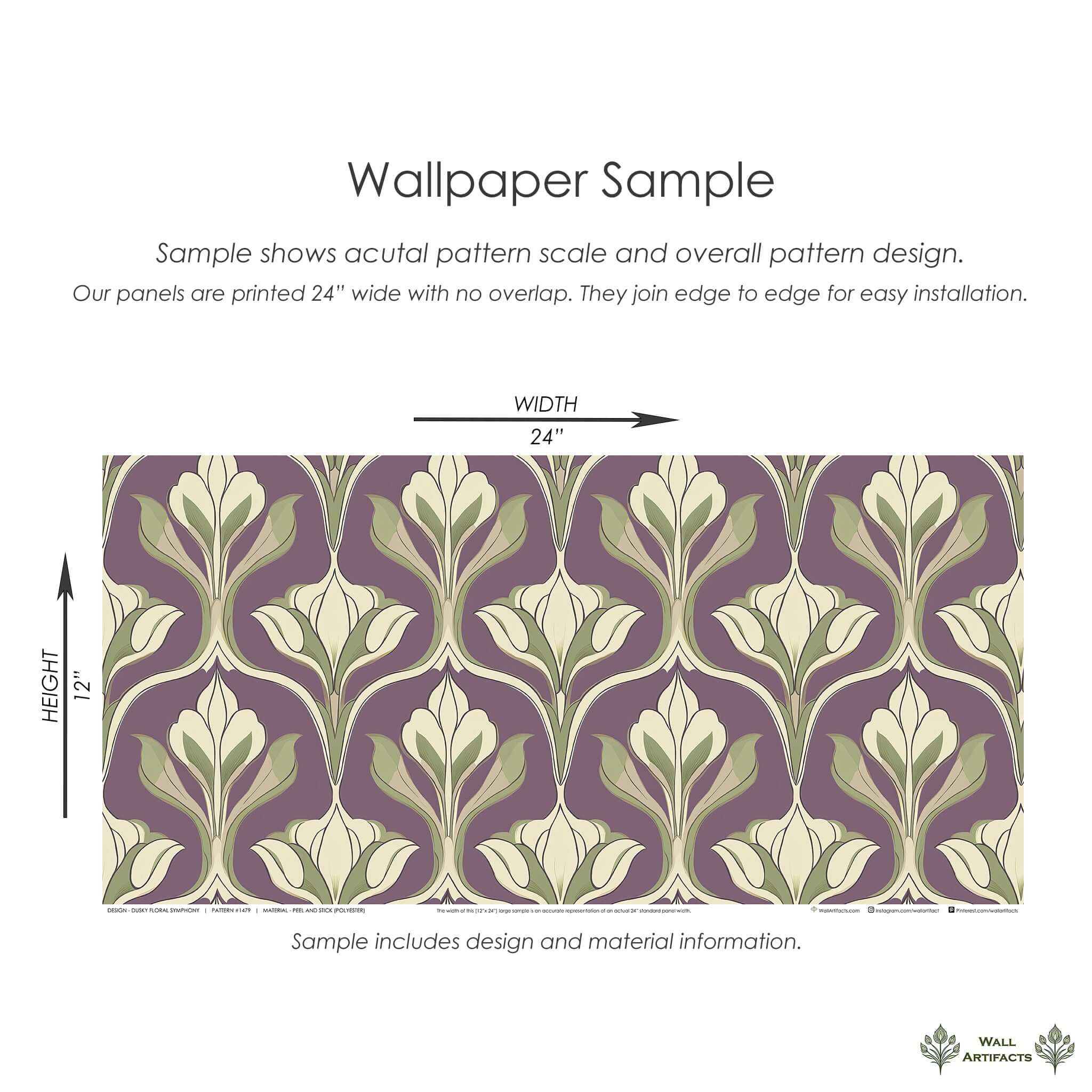 Dusky Floral Symphony Wallpaper sample showcasing art nouveau damask pattern with green and ivory florals on a plum background.