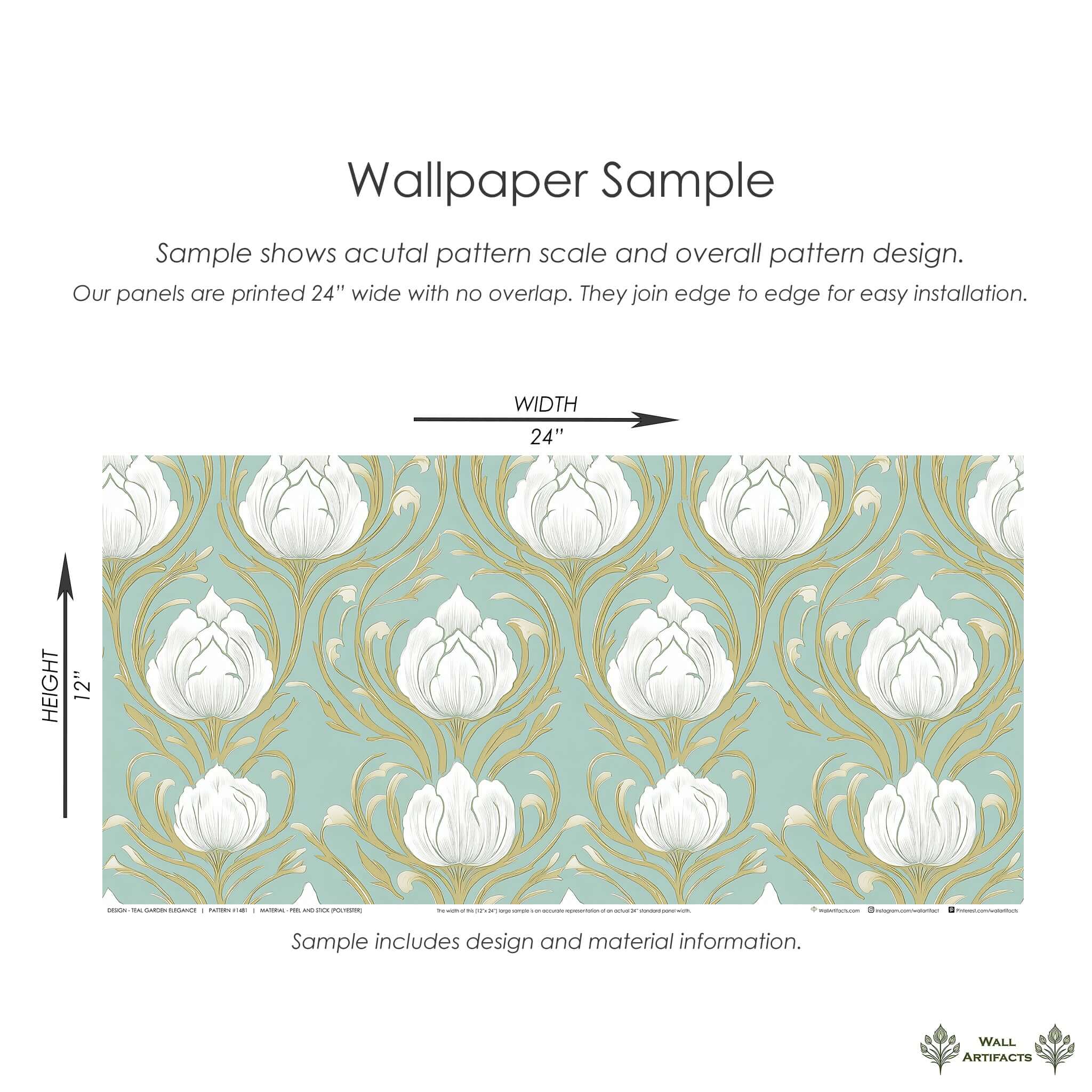 Teal Garden Elegance wallpaper with lotus-like white flowers, gold outlines, and Art Nouveau damask on teal background sample.