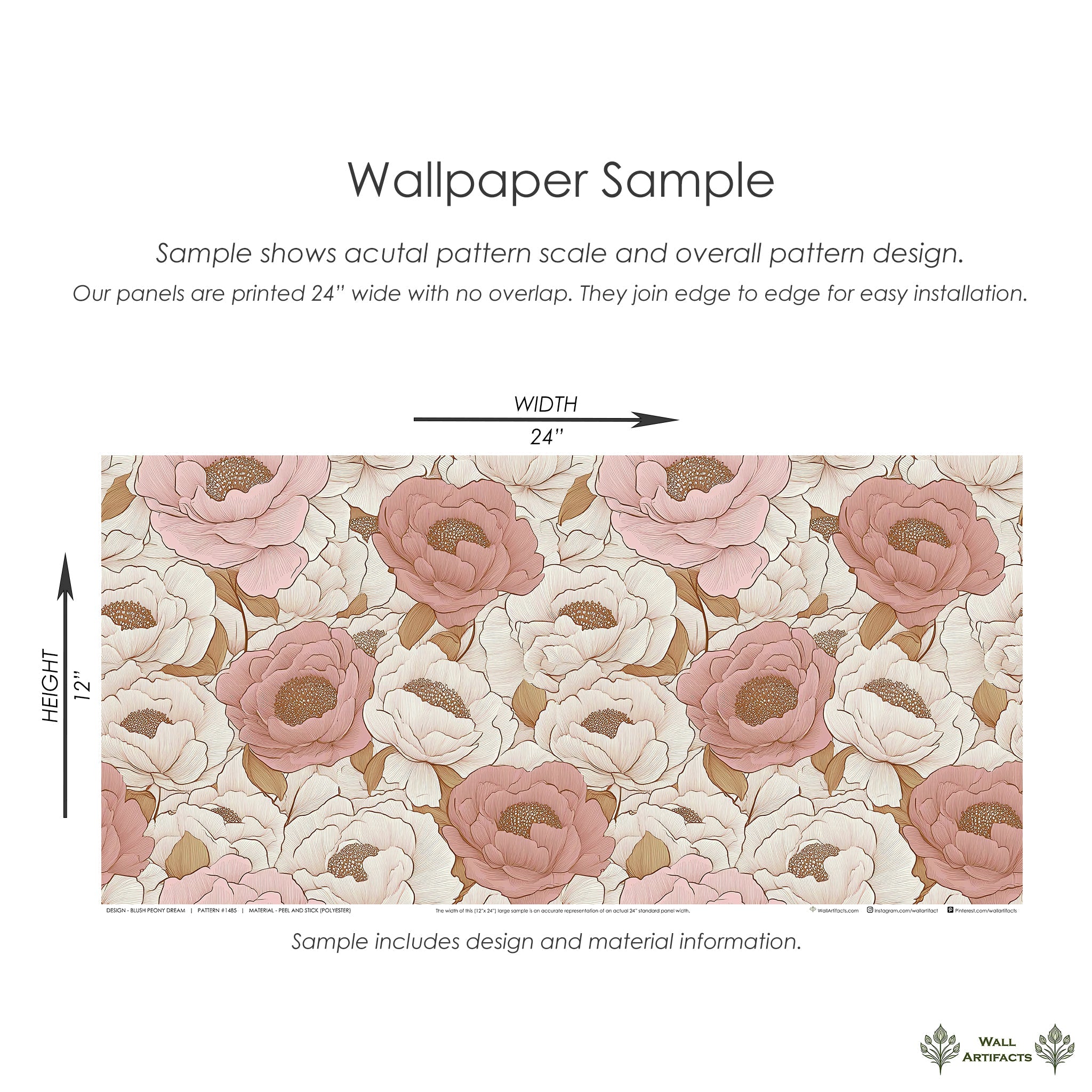 Blush Peony Dream wallpaper sample featuring hand-drawn peonies in peach and pink hues, ideal for modern monochromatic decor.