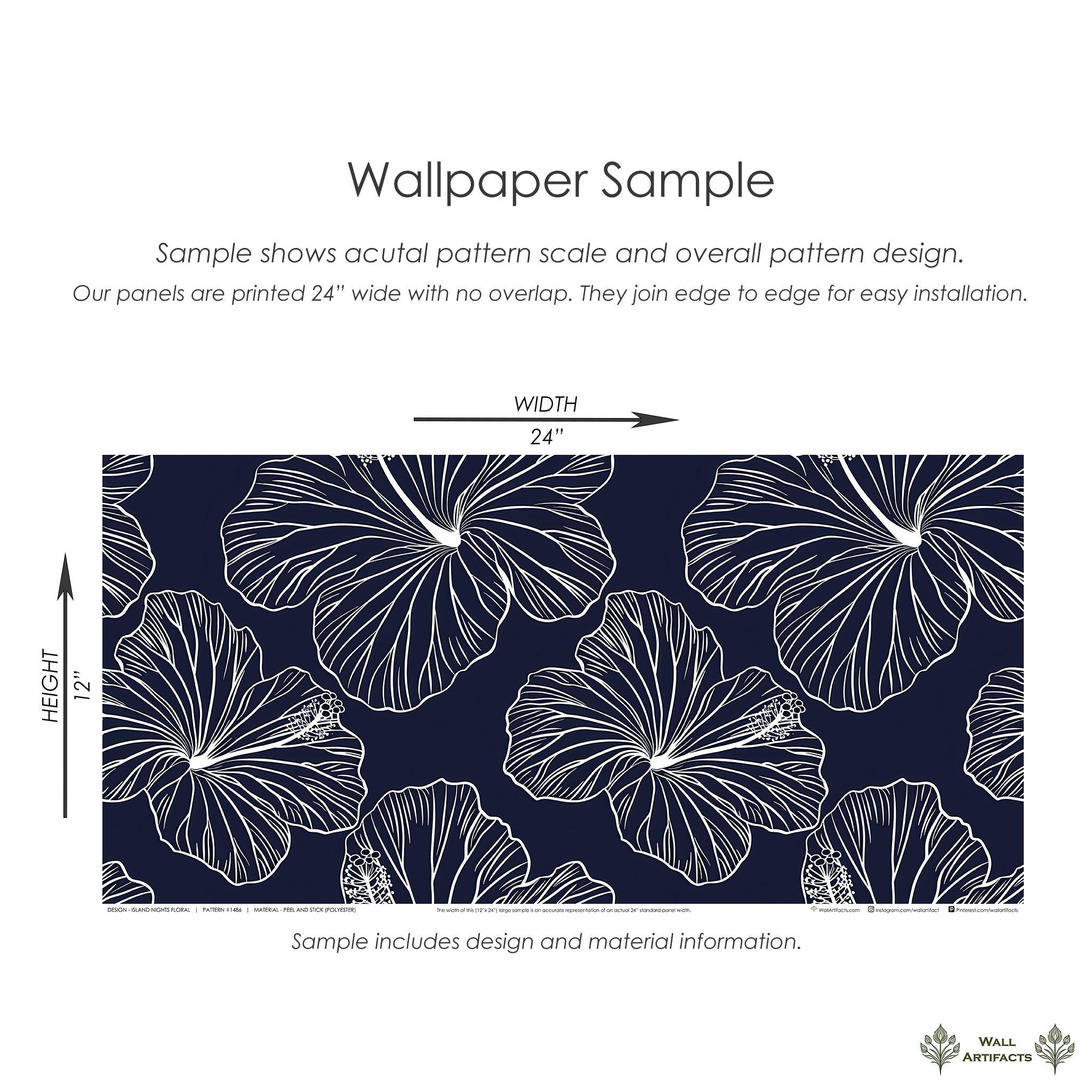 Island Nights Floral Wallpaper Sample with White Hibiscus on Navy Background Featuring Coastal and Tropical Design Elements