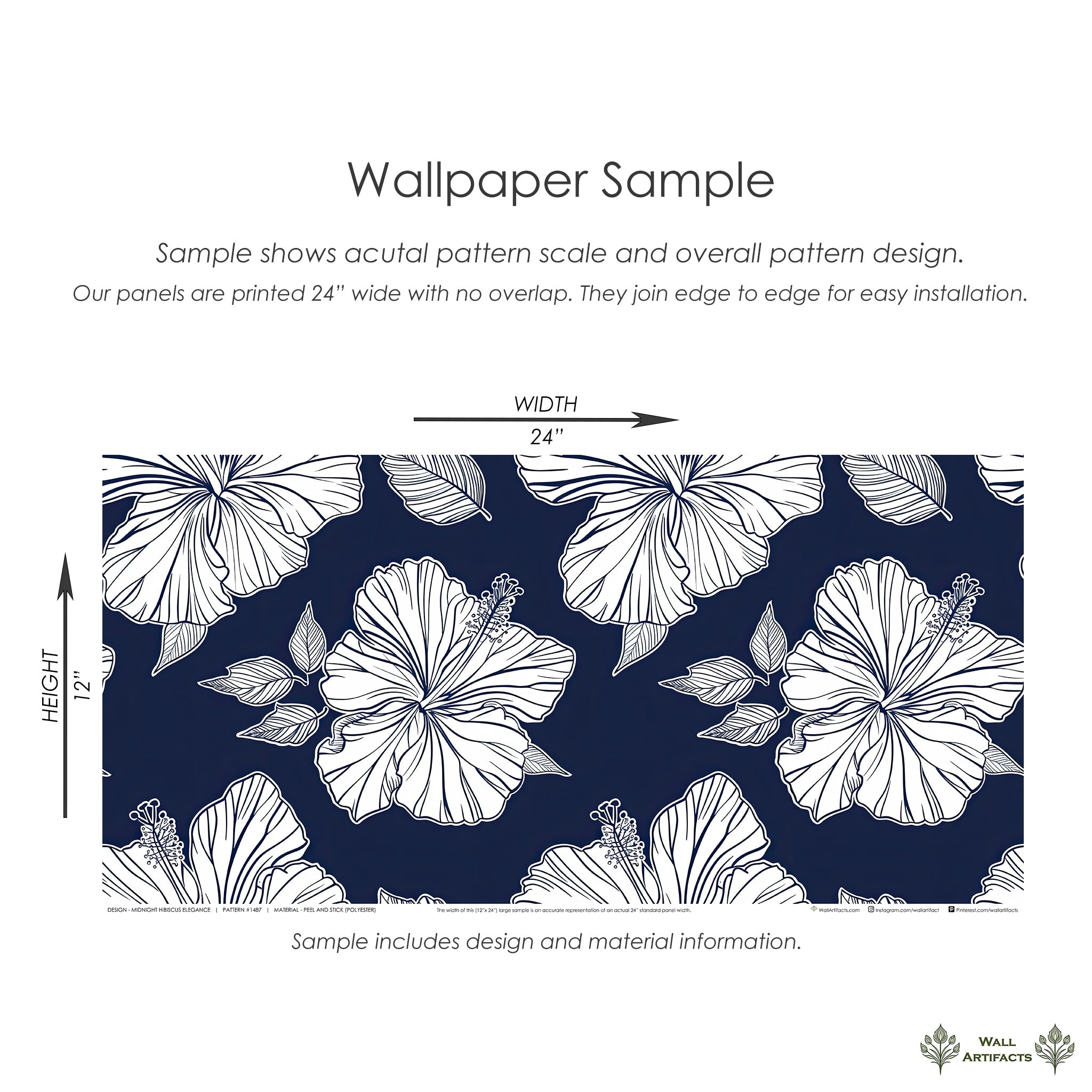 Midnight Hibiscus Elegance wallpaper sample with white hibiscus flowers on a navy background, ideal for coastal or floral décor.