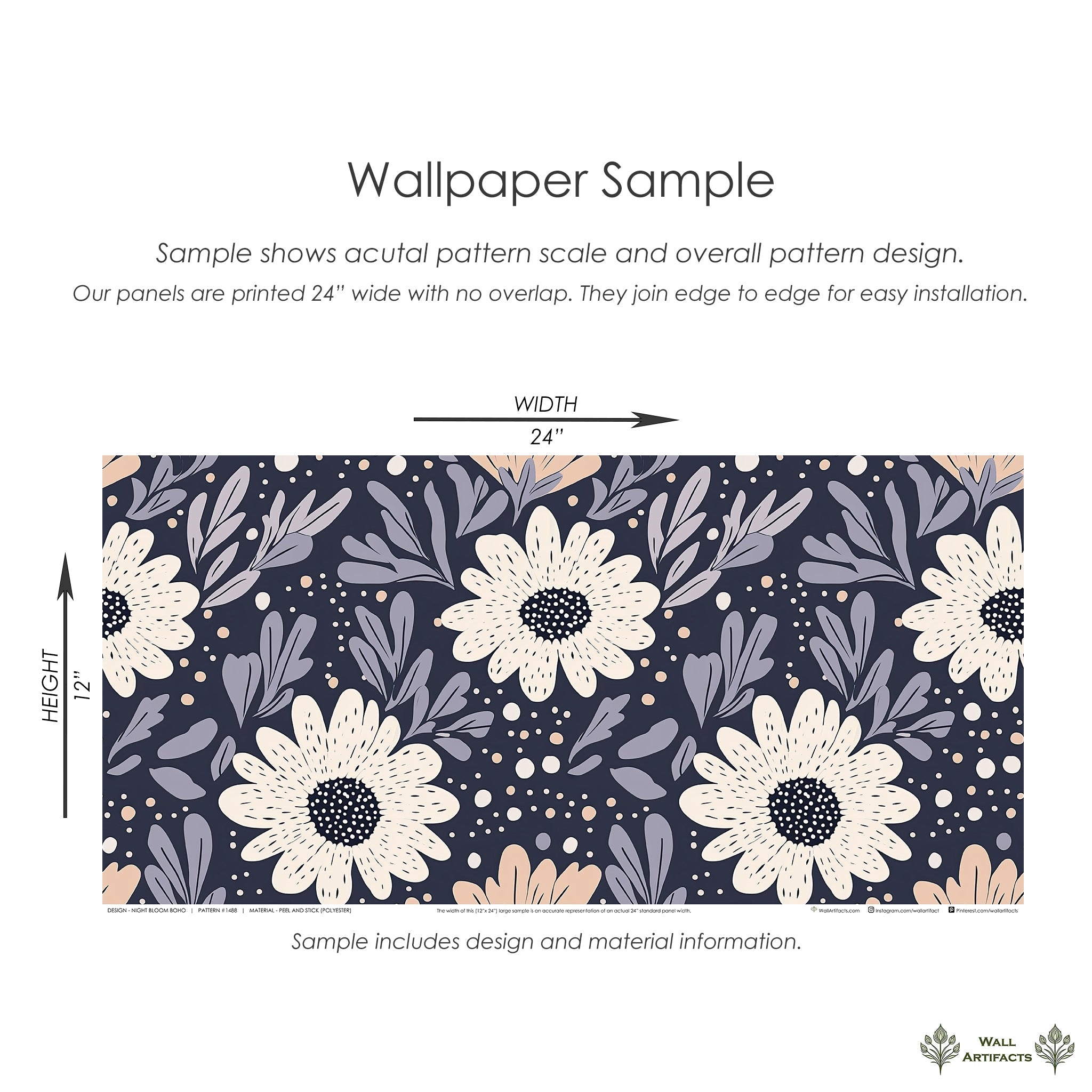 Boho floral wallpaper sample with cream flowers, lavender foliage on navy. Cottagecore vibes with modern charm for wall decor.