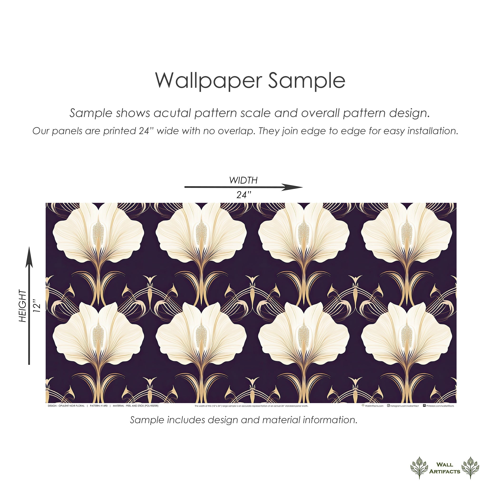 Opulent Noir Floral Art Deco wallpaper with cream and gold blooms on purple background, 24x12 inch panel. Elegant vintage glam design.