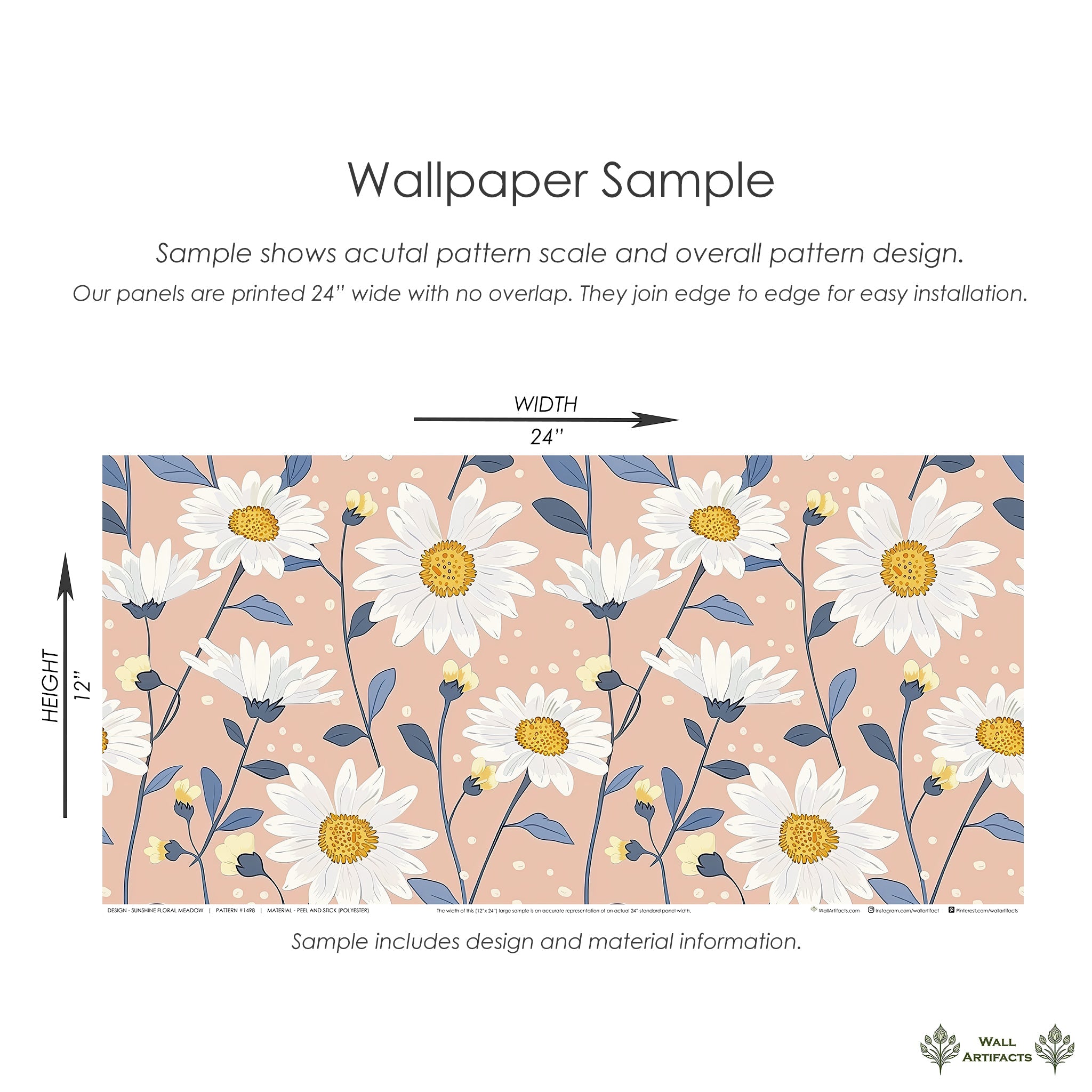 Wallpaper sample featuring white daisies with golden centers on peach background, floral design perfect for bedrooms or nurseries.