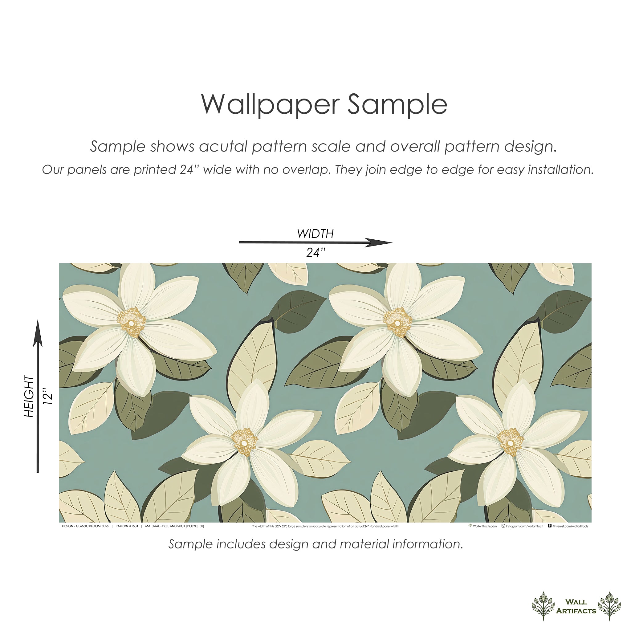 Classic Bloom Bliss wallpaper with ivory flowers and sage leaves on teal, offering a timeless, floral retro look by Wall Artifacts.