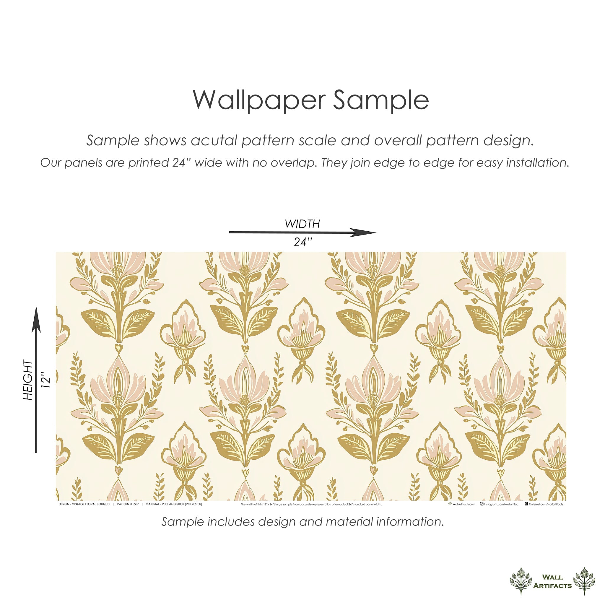 Vintage floral wallpaper sample with pink and gold damask flowers, showcasing timeless elegance on a cream background. Wall Artifacts.