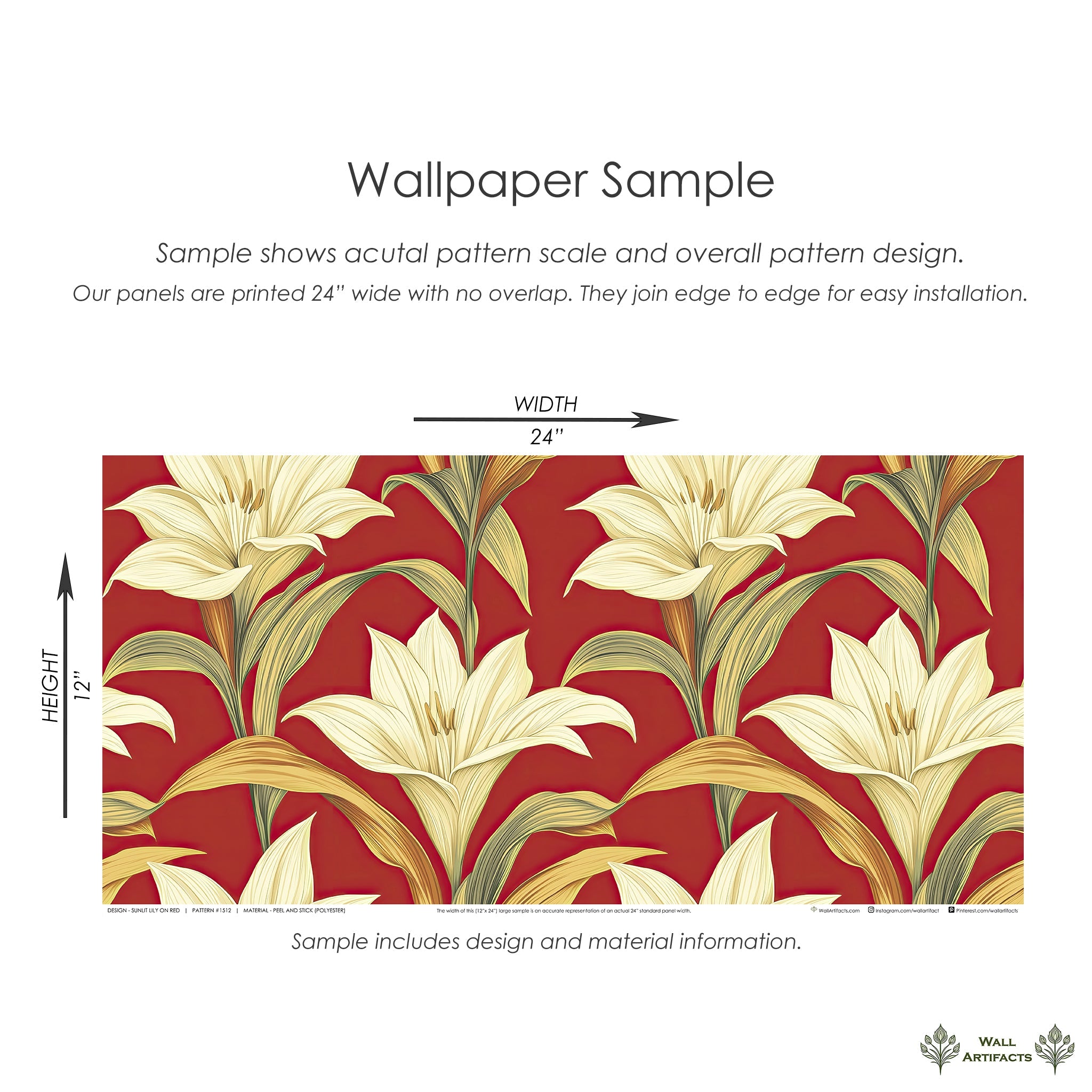 Sunlit Lily wallpaper sample featuring golden-yellow flowers on red background, emphasizing modern coastal elegance and style.
