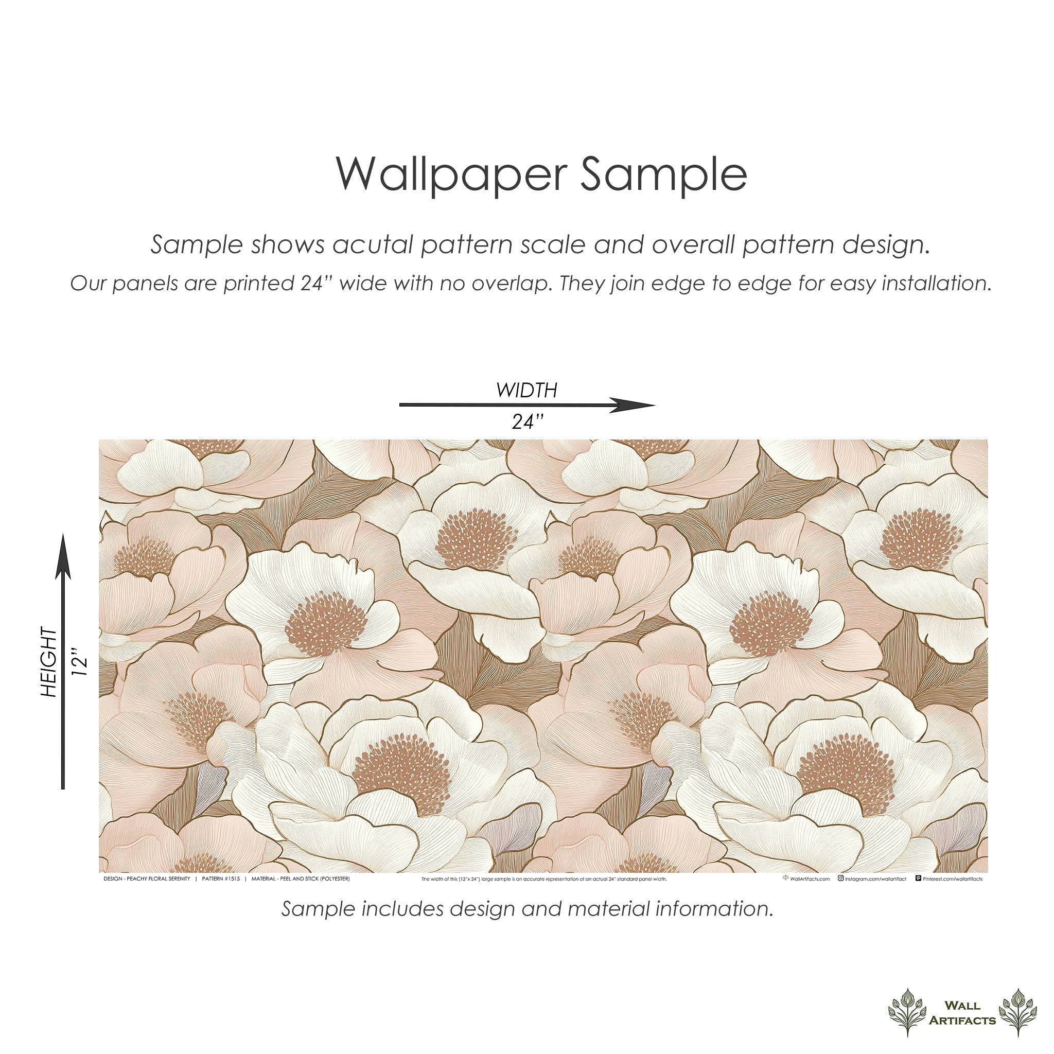 Peach Floral Serenity wallpaper sample featuring peach and cream florals on a monochromatic background, 24x12 inches, by Wall Artifacts.